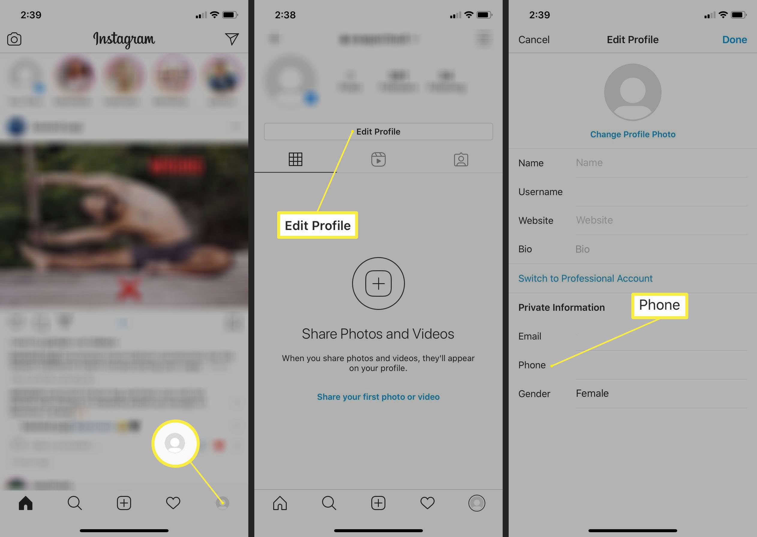 Kroky v aplikaci Instagram k úpravě vašeho telefonního čísla.