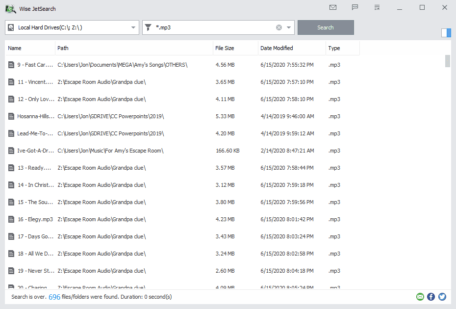 Wise JetSearch seznam MP3 ve Windows 10