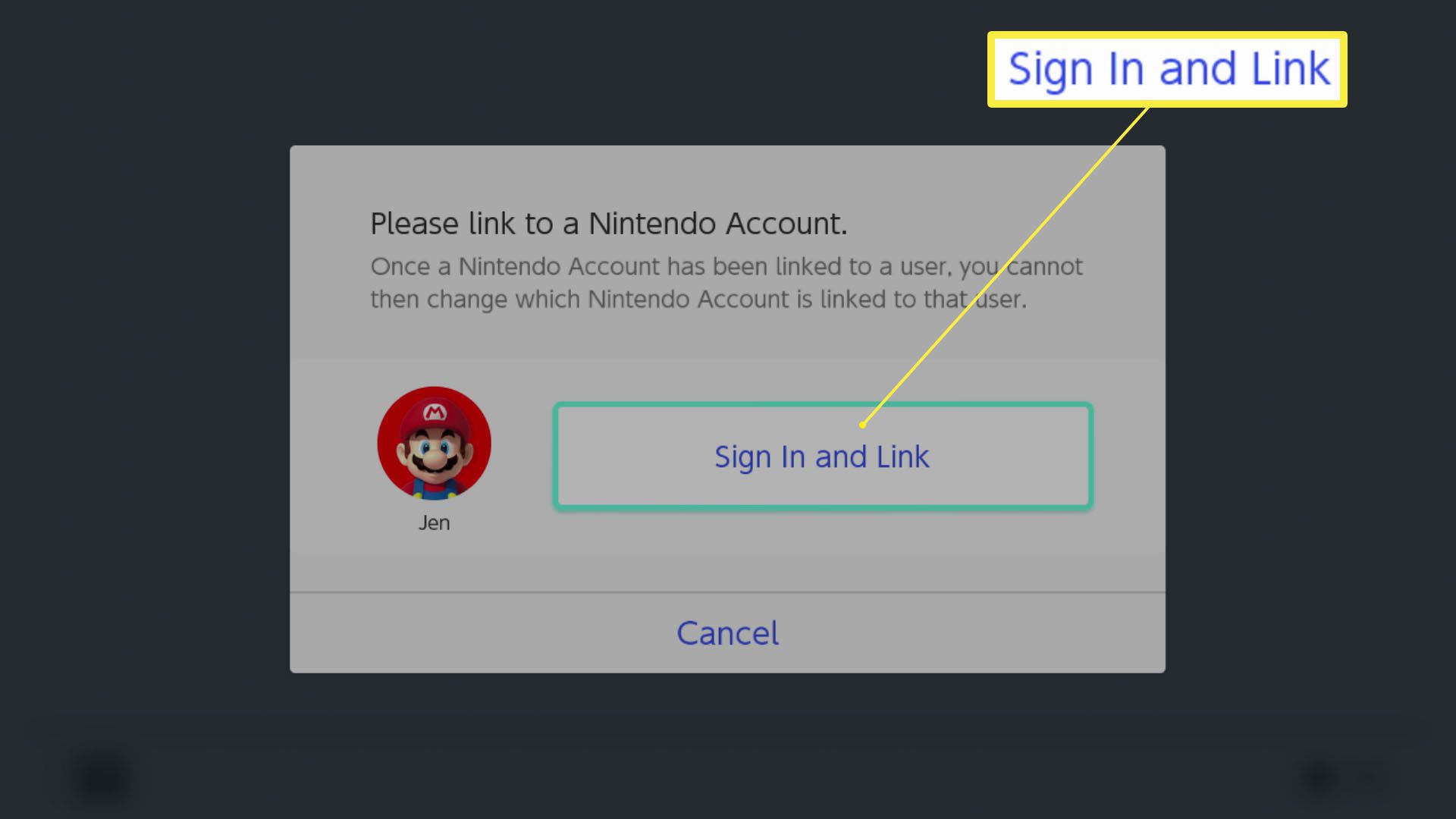 Nastavení Nintendo Switch se zvýrazněním Přihlášení a odkazu pro propojení účtu Nintendo