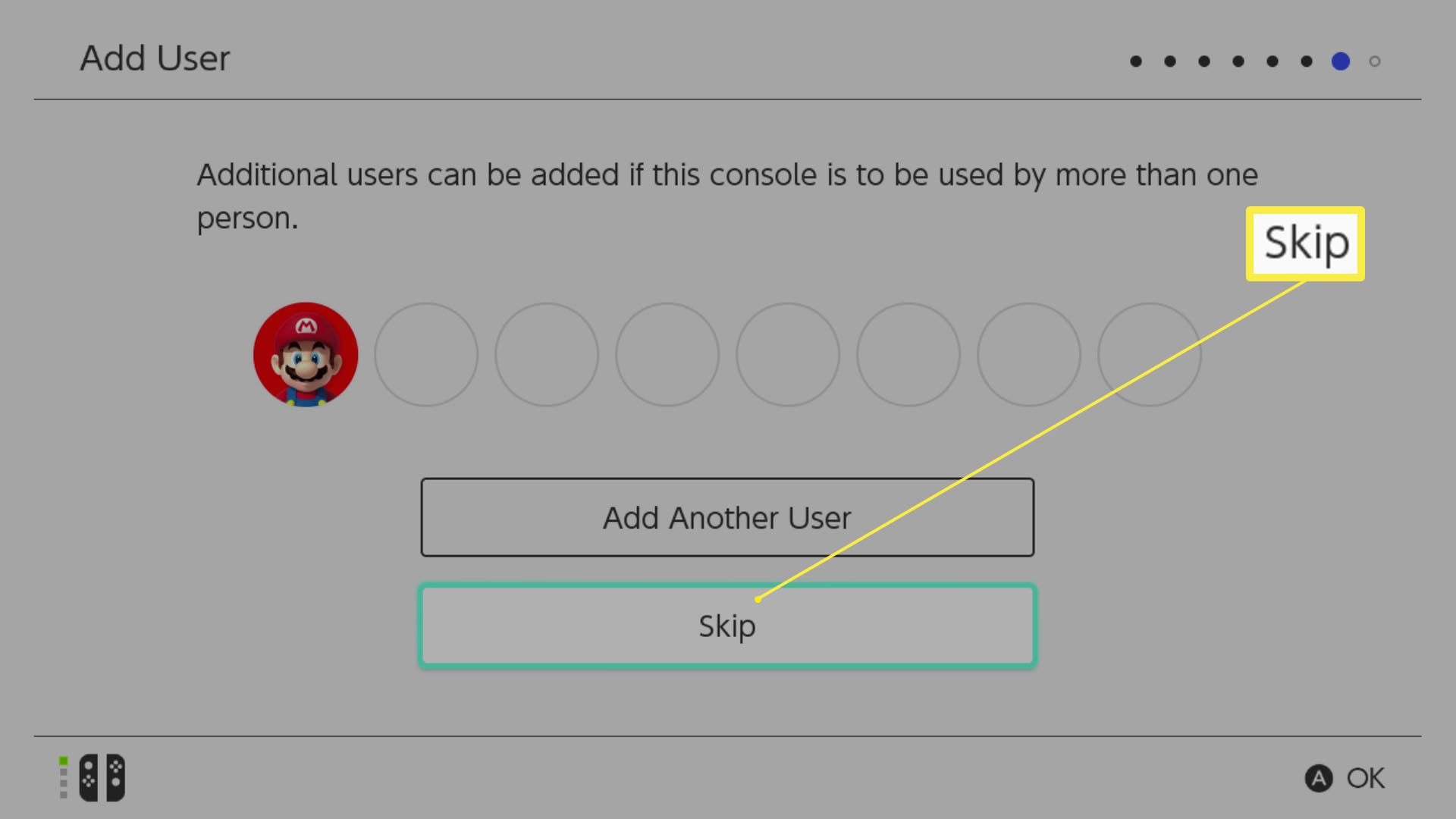 Obrazovka nastavení Nintendo Switch se zvýrazněnou položkou Přidat uživatele