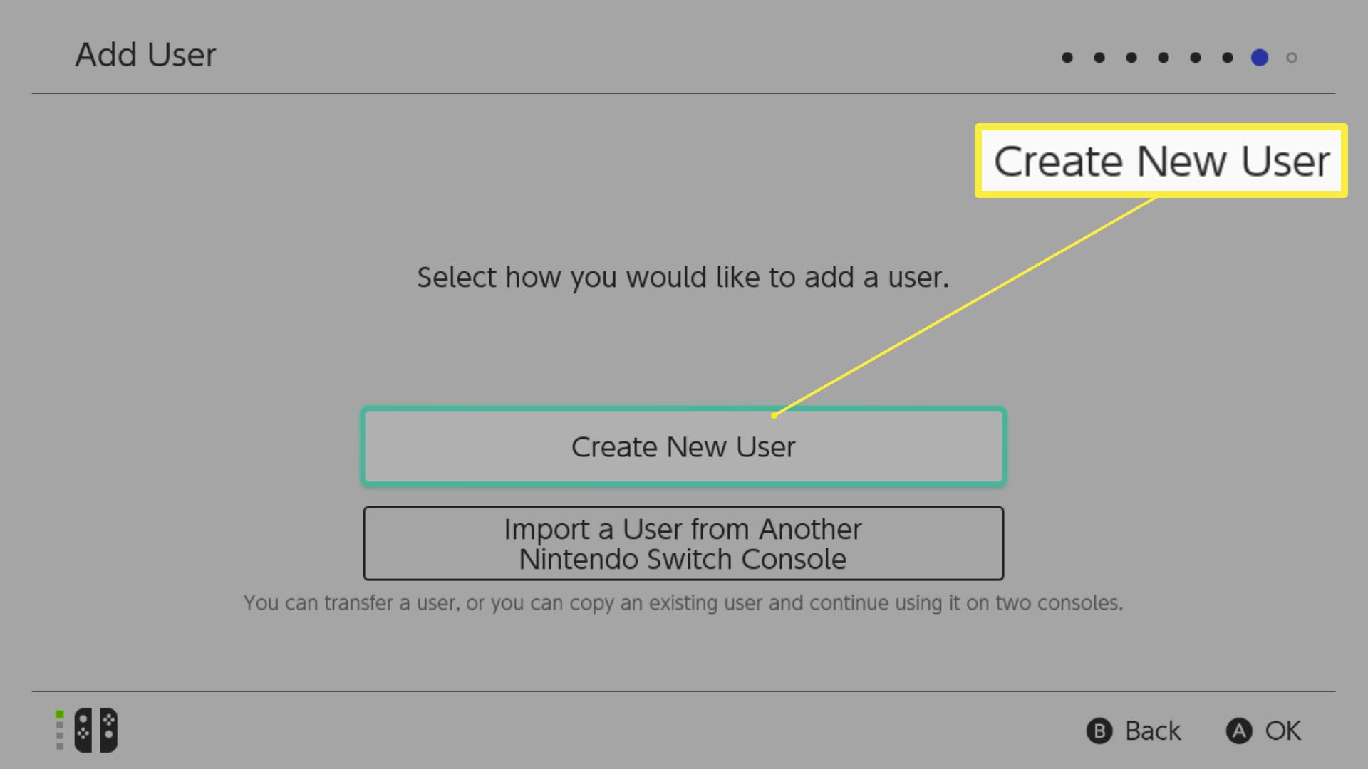 Nastavení Nintendo Switch se zvýrazněným Create New User