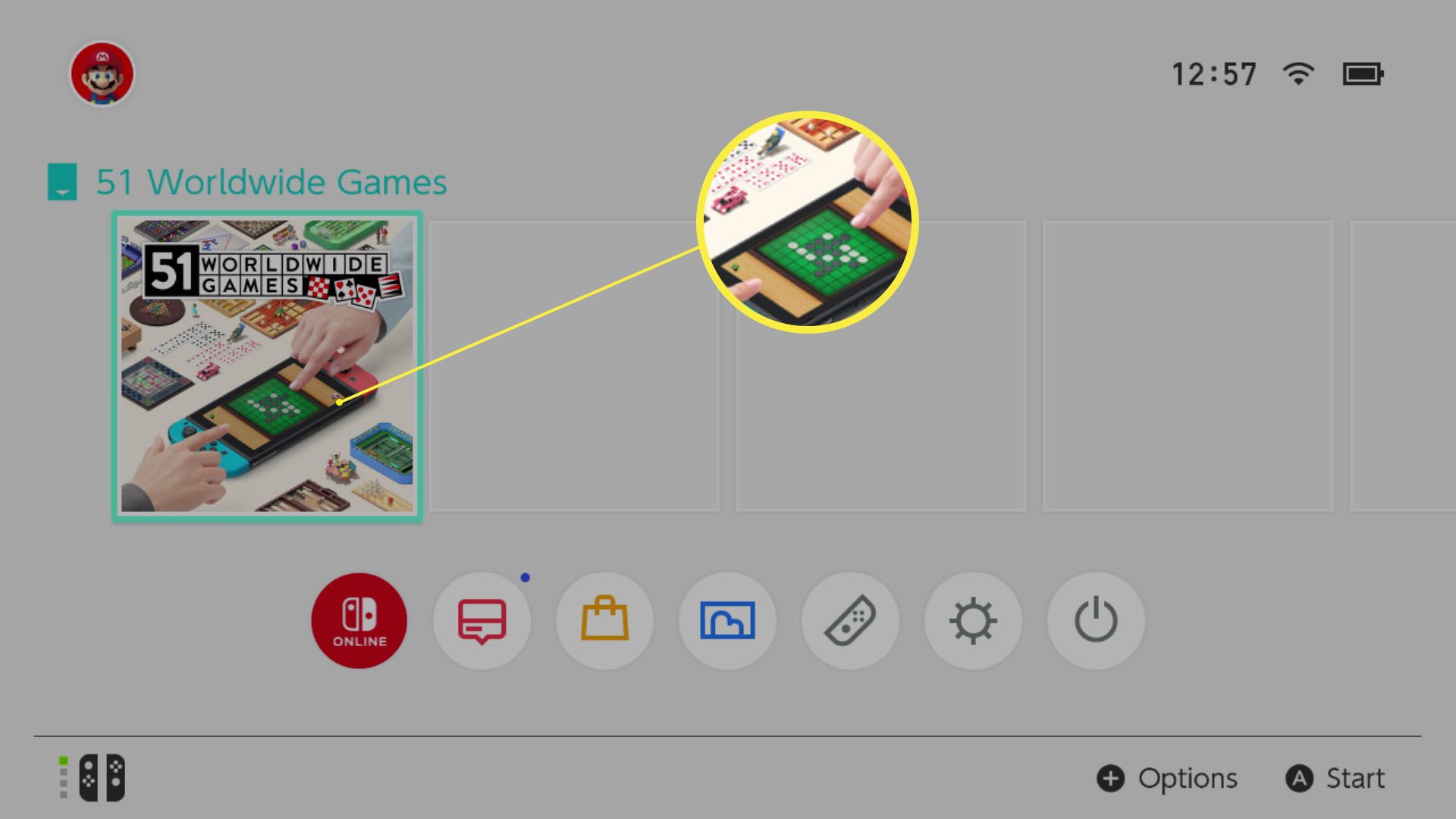 Domovská obrazovka Nintendo Switch se zvýrazněnou hrou pro hraní