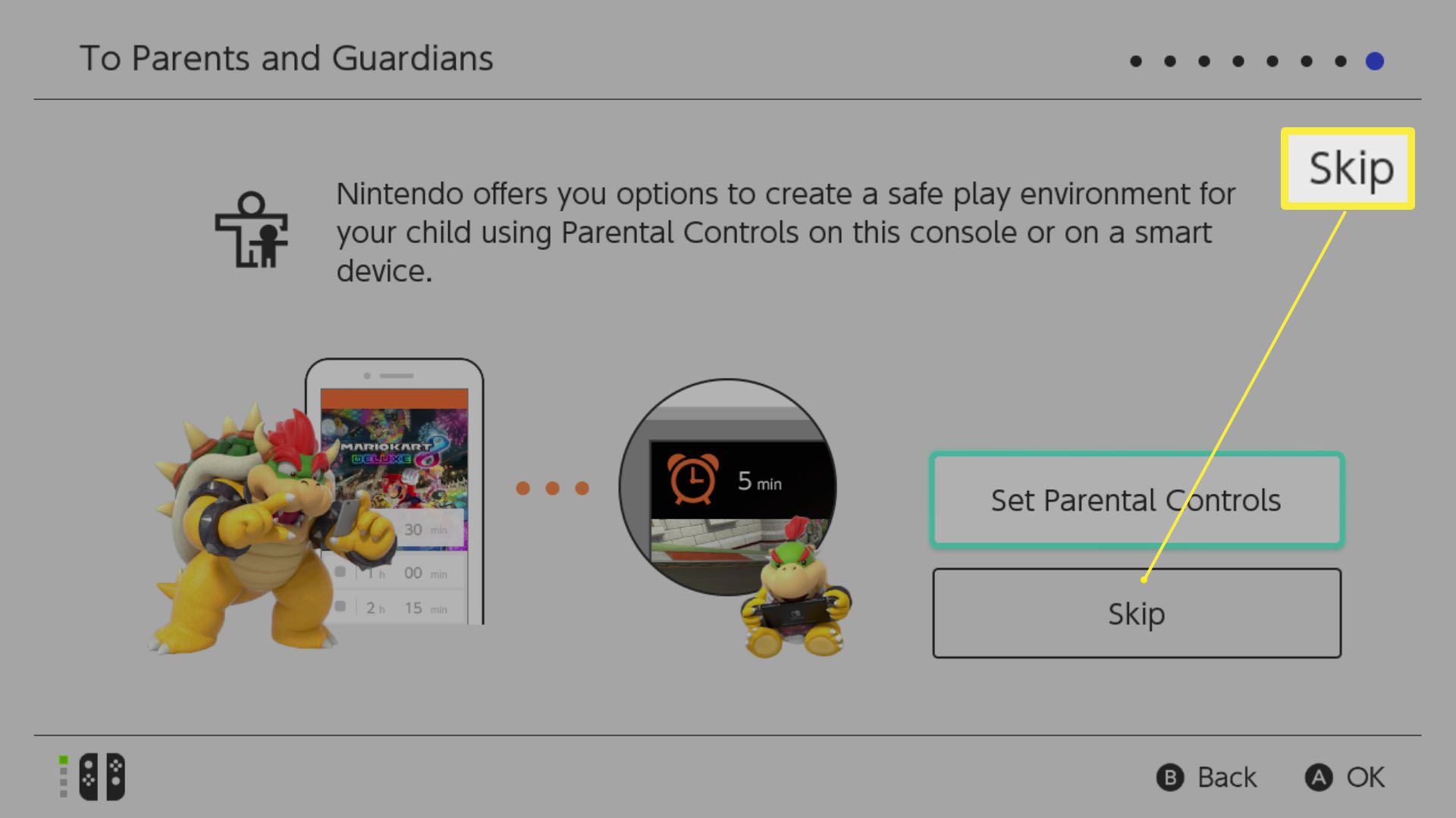 Nastavení Nintendo Switch se zvýrazněnými možnostmi Nastavit rodičovskou kontrolu