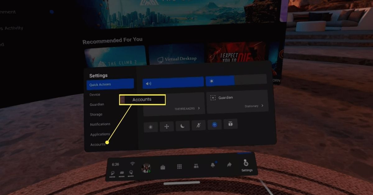 Účty v postranním panelu Nastavení v Oculus Quest 2.