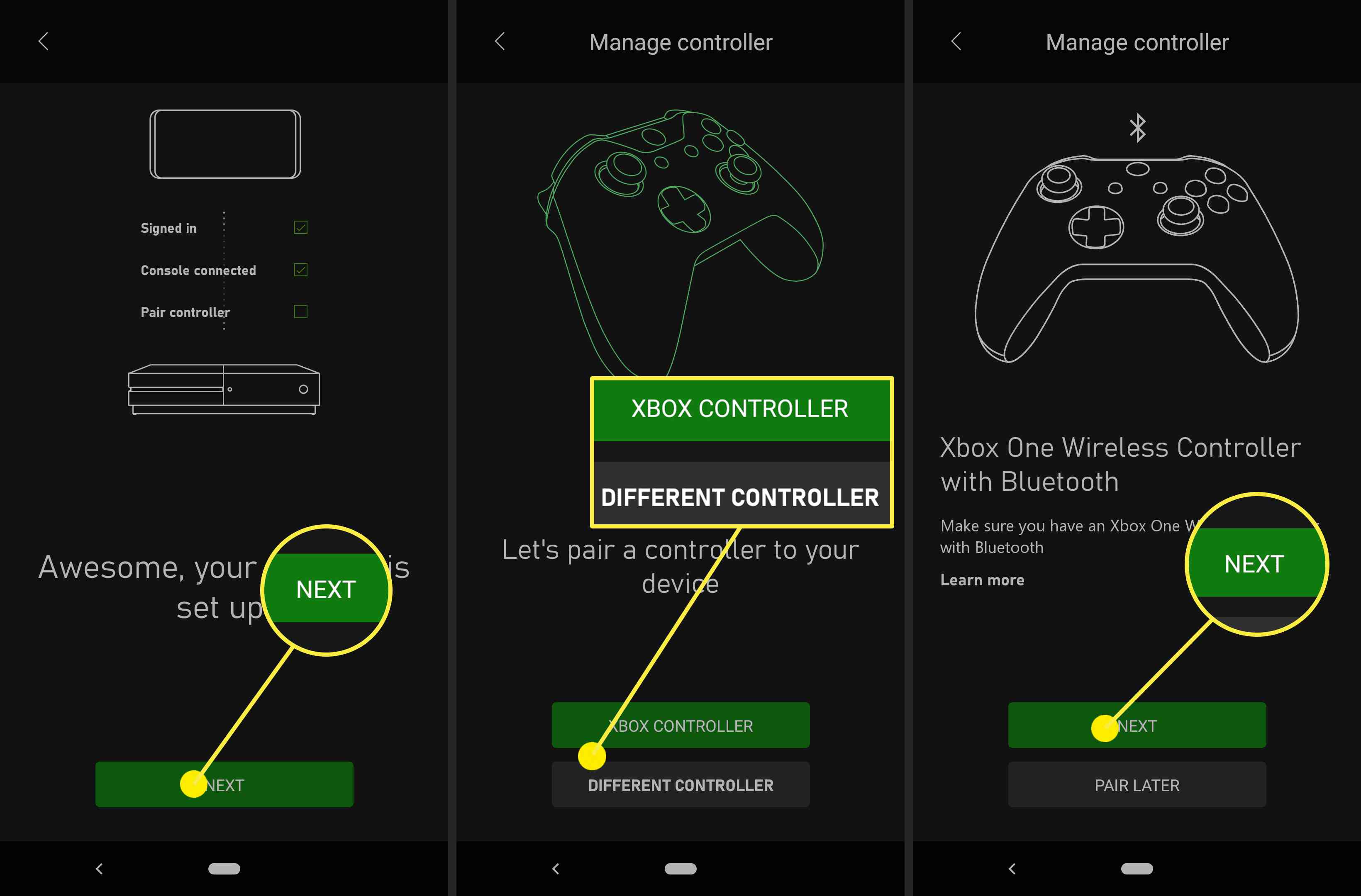 Screenshoty ukazující, jak spárovat ovladač Xbox s aplikací pro telefon Xbox.