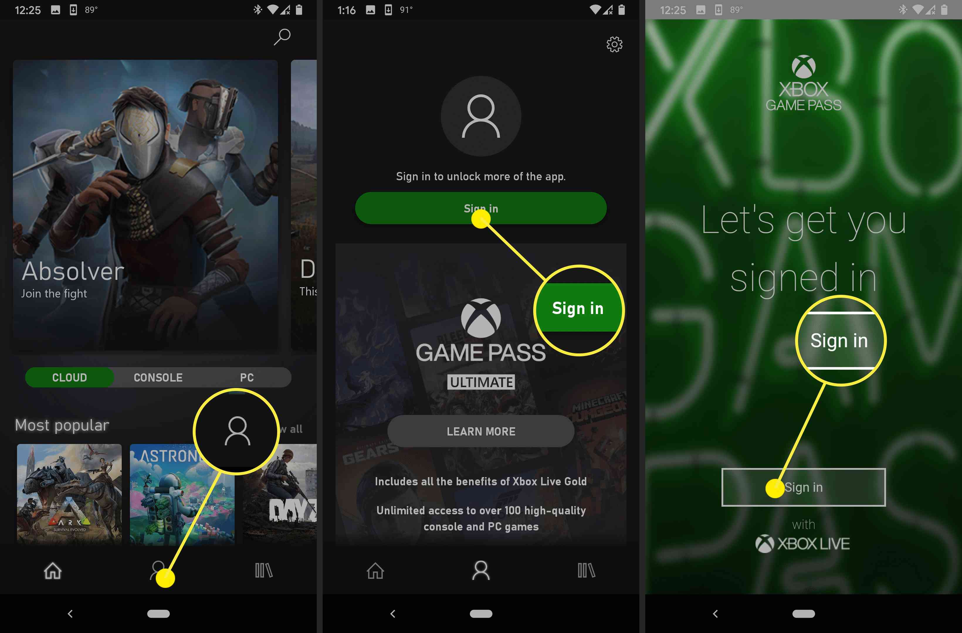 Screenshoty přihlášení k streamování pomocí Xbox Gamepass