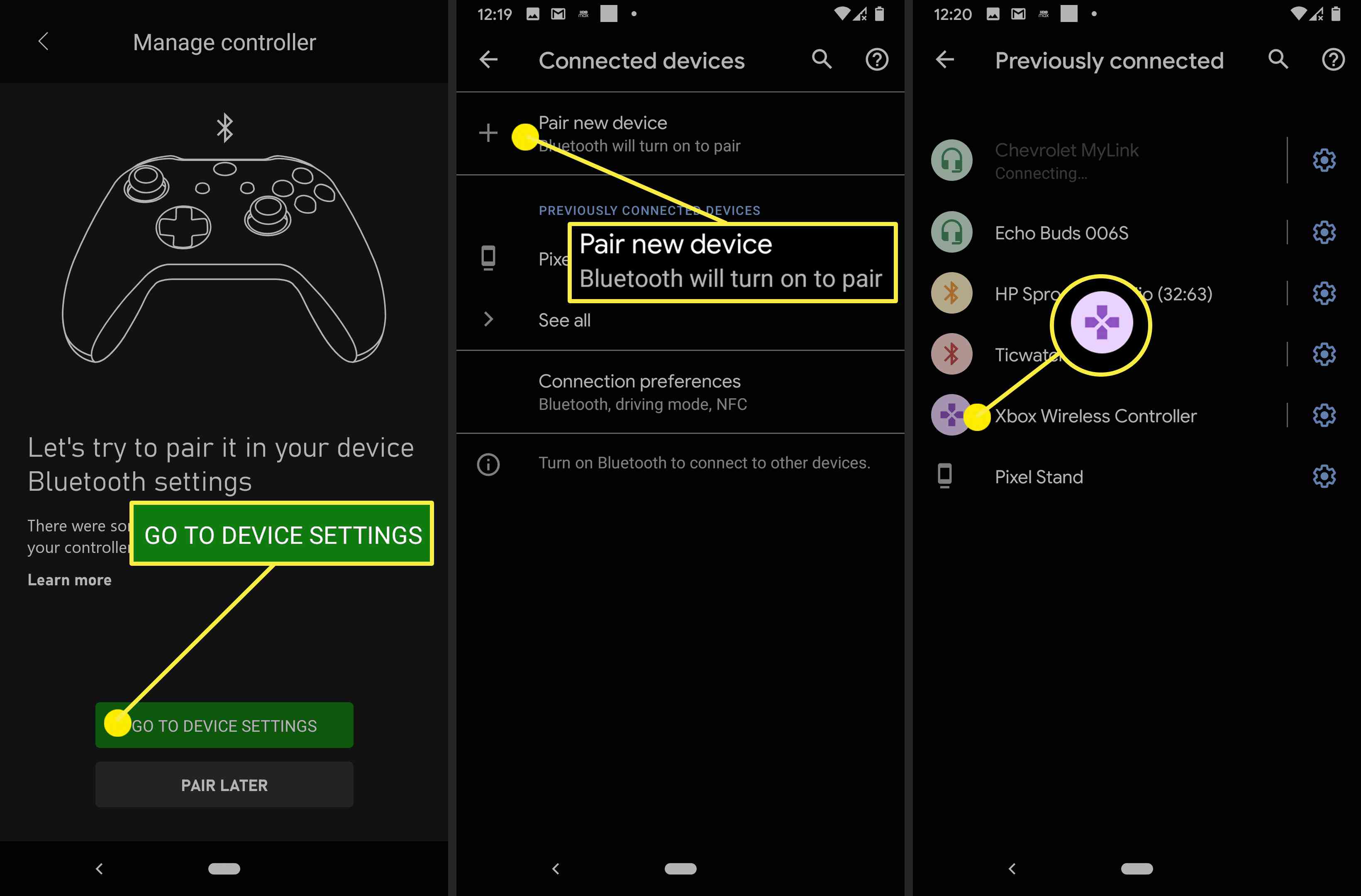 Možnosti párování zařízení v aplikaci Xbox.