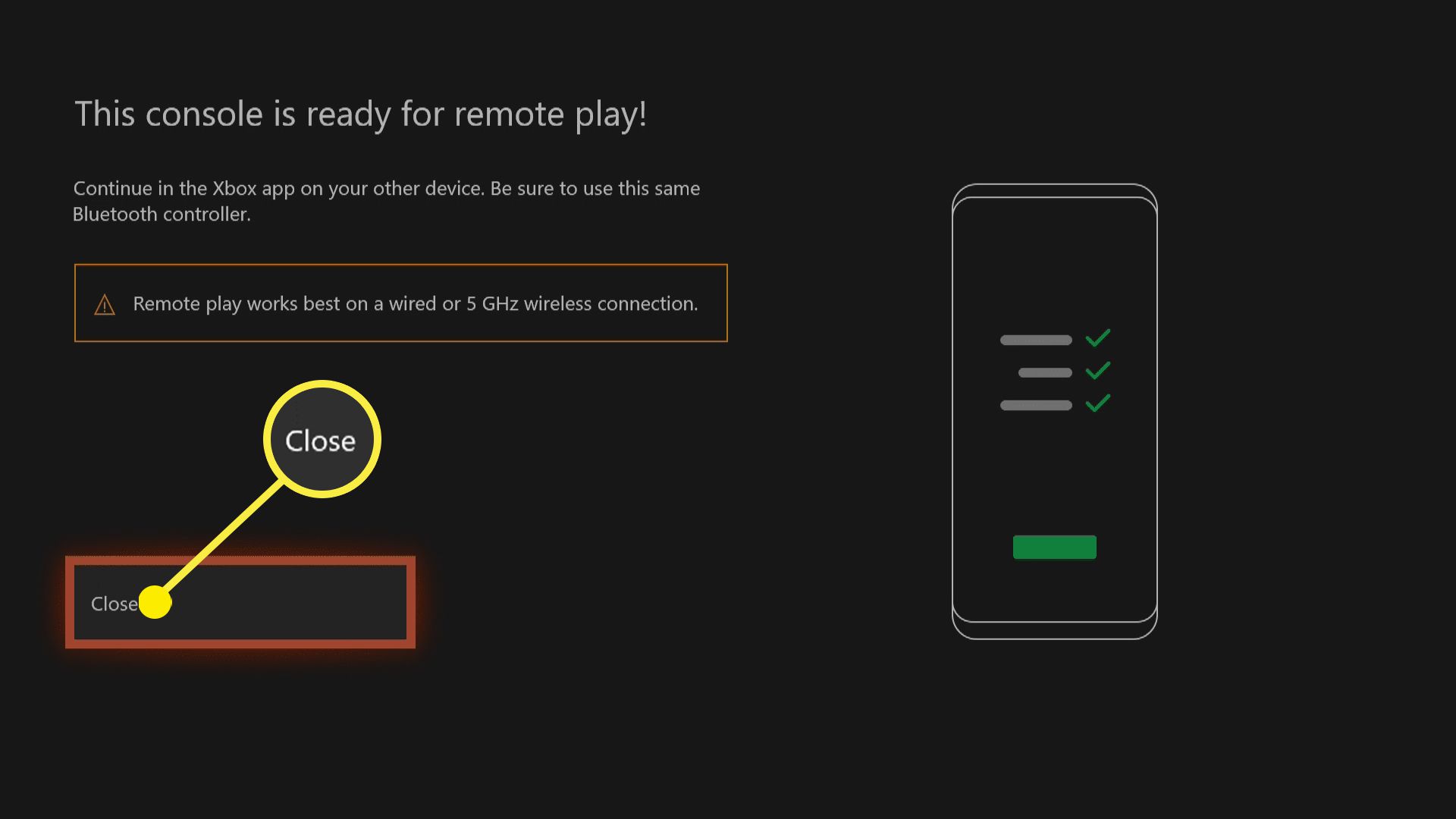 Screenshot zobrazující Xbox One, který je připraven ke vzdálenému hraní.