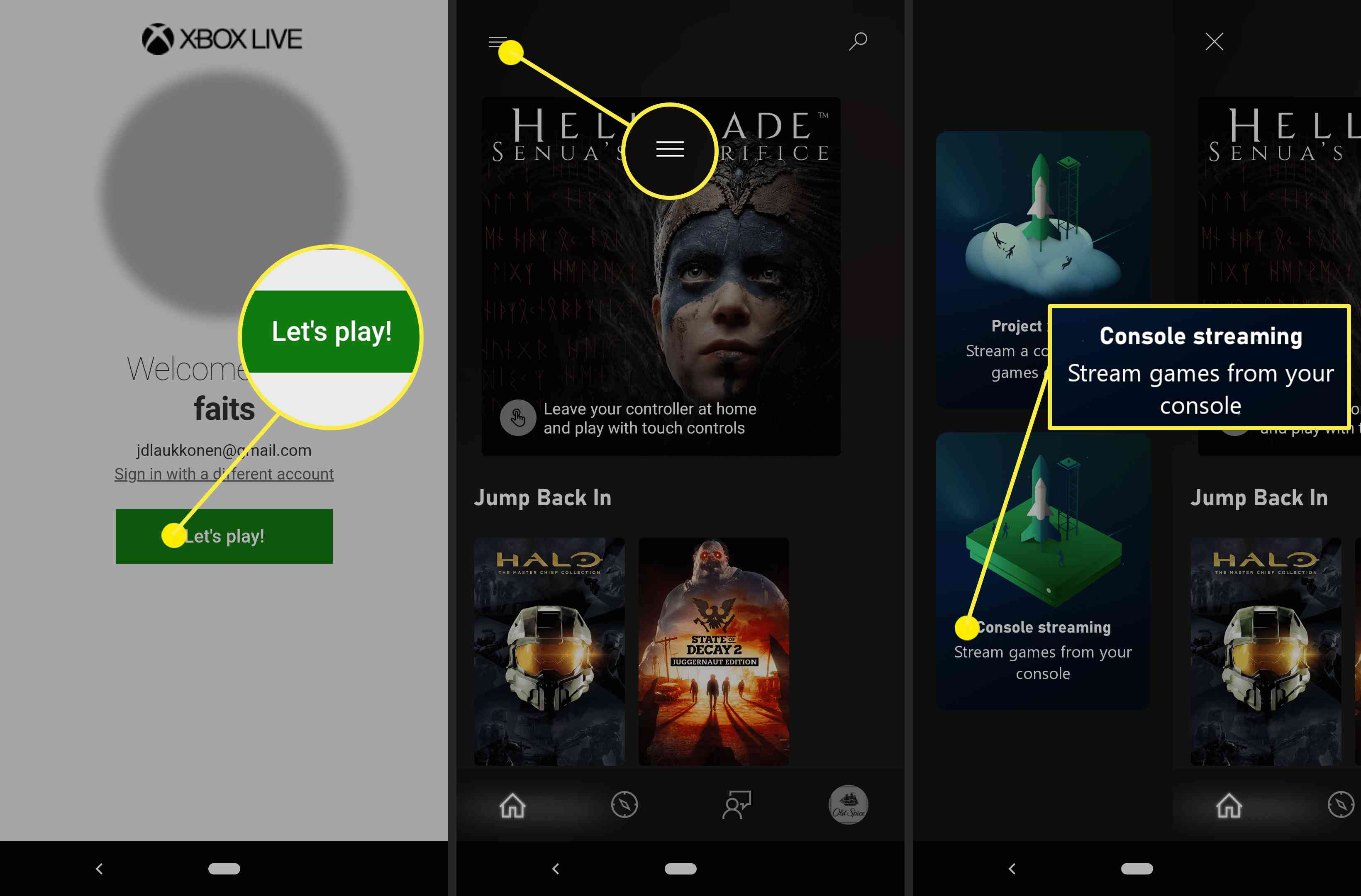 Screenshoty ukazující, jak se dostat k možnosti Streamování z konzoly v aplikaci Xbox.
