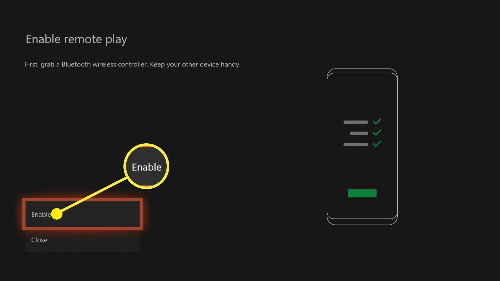 Snímek obrazovky zařízení Xbox One, které se připravuje na streamování her do telefonu.