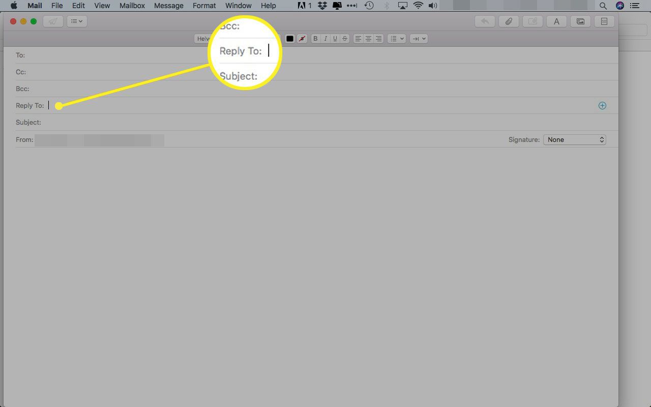 E-mail v Apple Mail se zvýrazněným polem Odpovědět