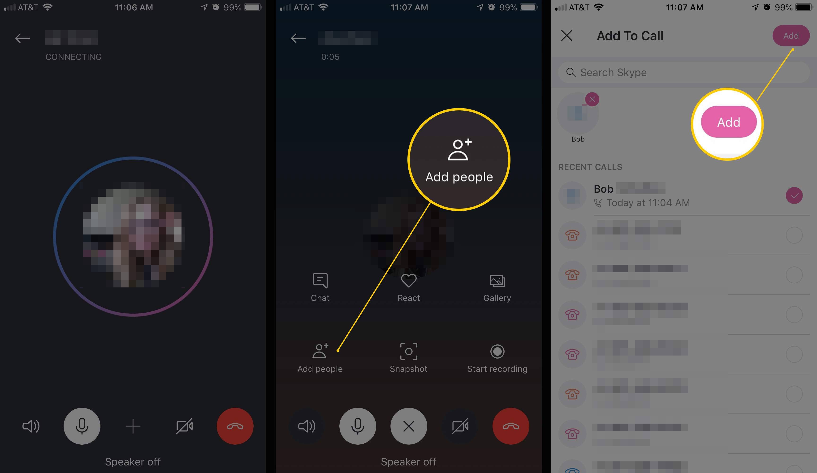 Tři obrazovky iOS aplikace Skype zobrazující tlačítka Přidat lidi a Přidat
