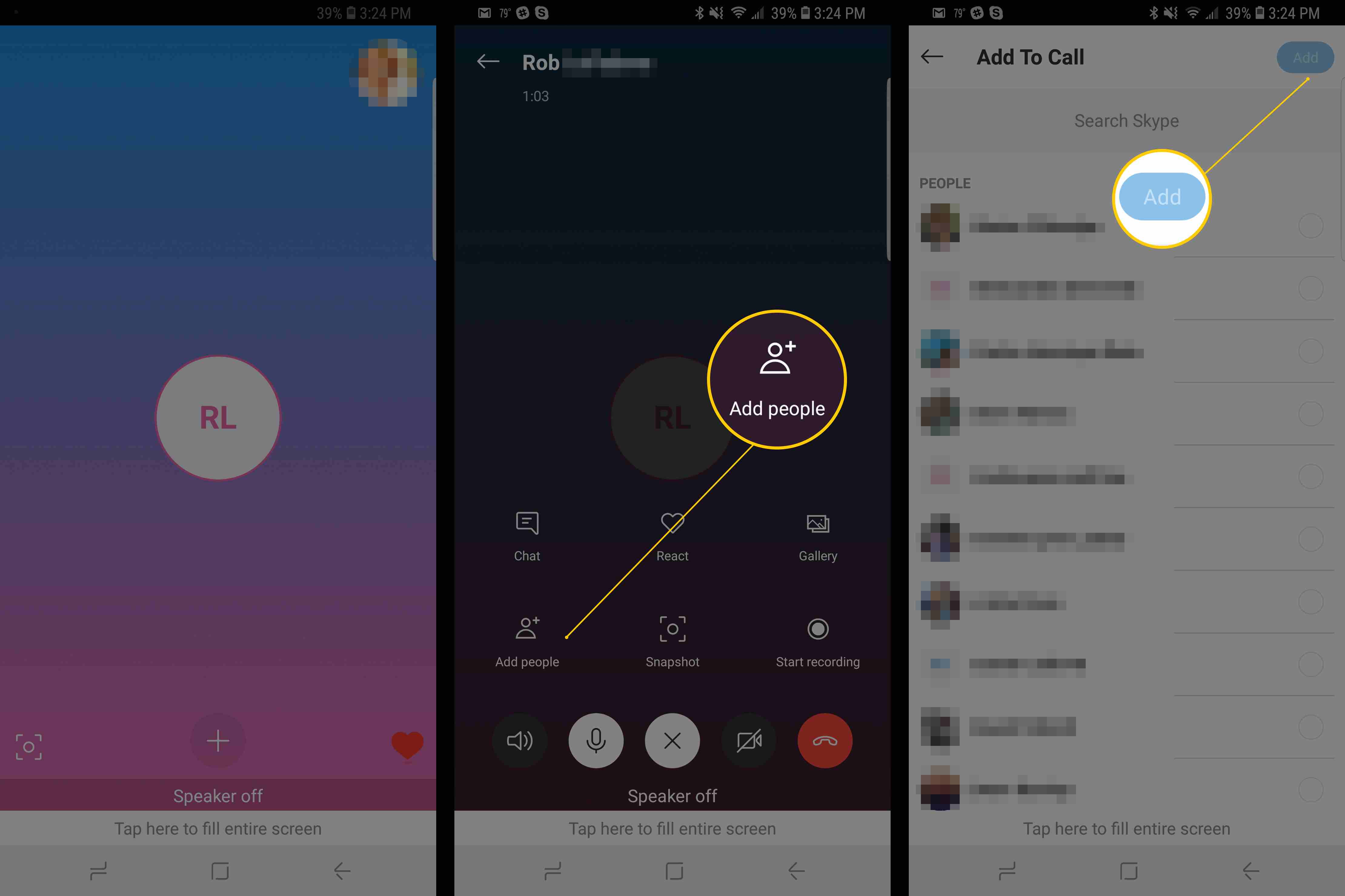 Tři obrazovky Android zobrazující volání přes Skype a tlačítka Přidat lidi
