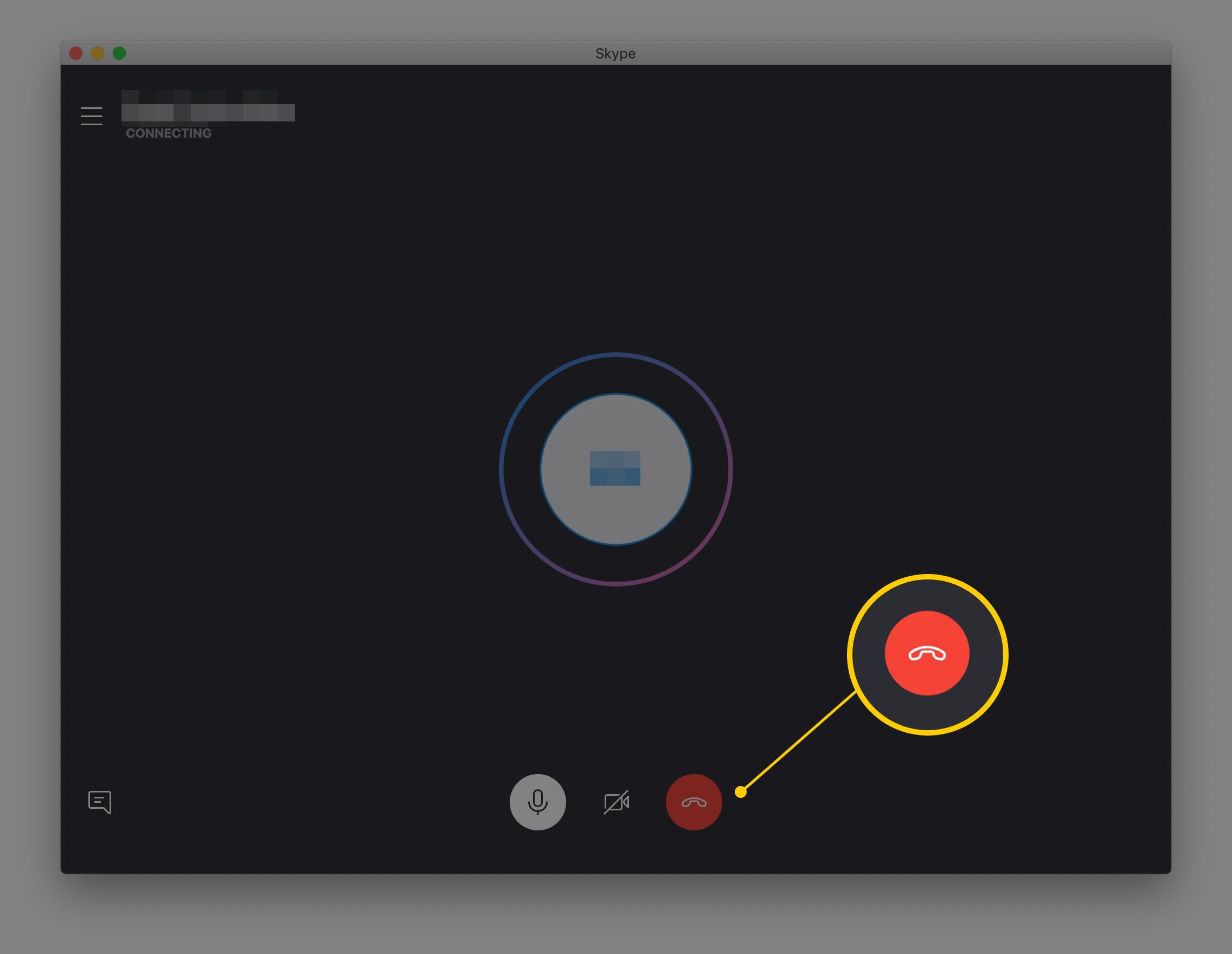 Červené tlačítko pro zavěšení telefonu ve Skypu pro macOS
