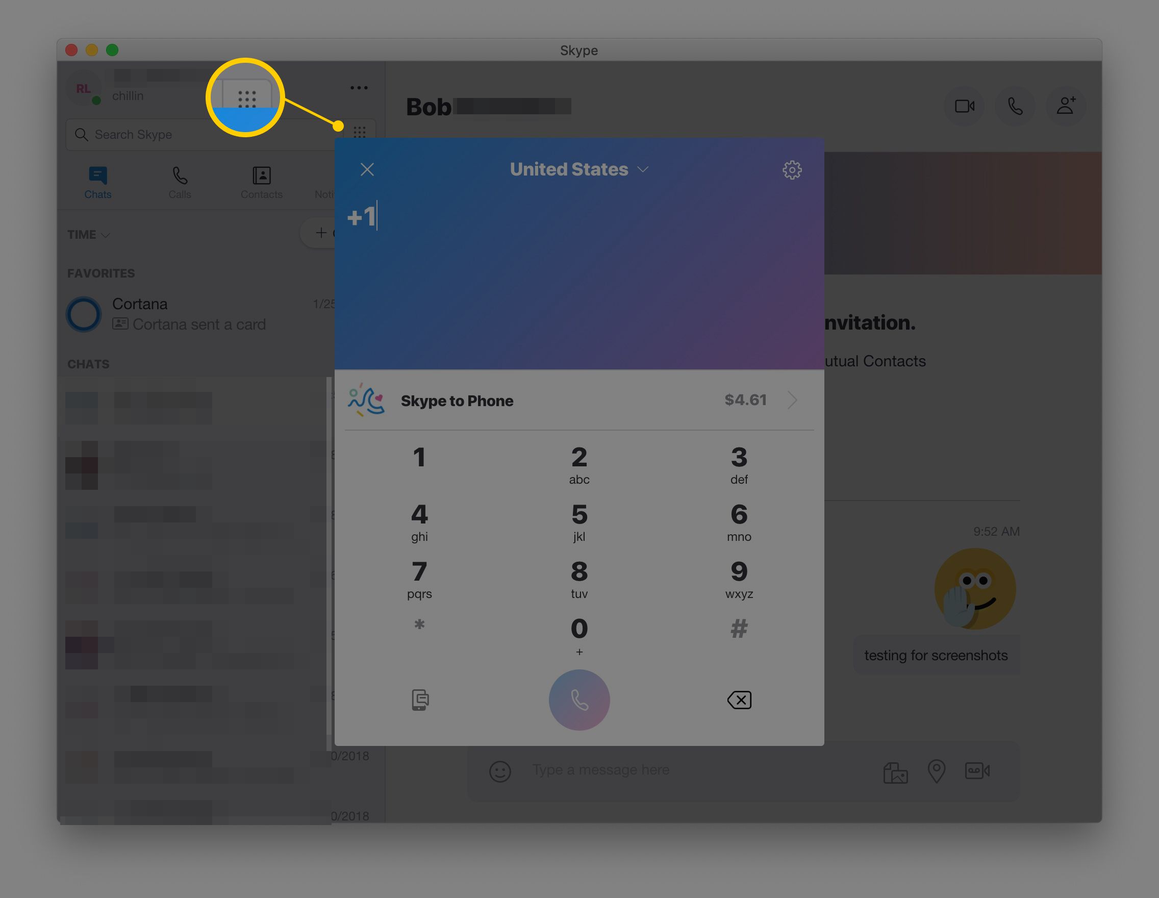 Číselná klávesnice pro uskutečňování hovorů přes Skype na běžná telefonní čísla v macOS