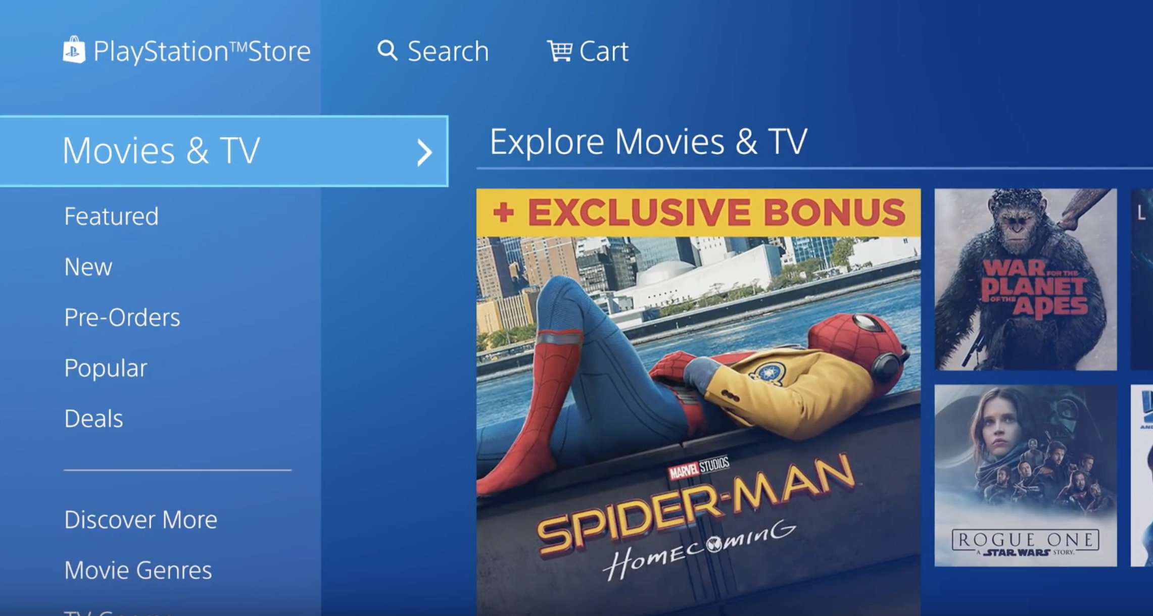 Sony Playstation Store a dostupné filmy k vypůjčení.