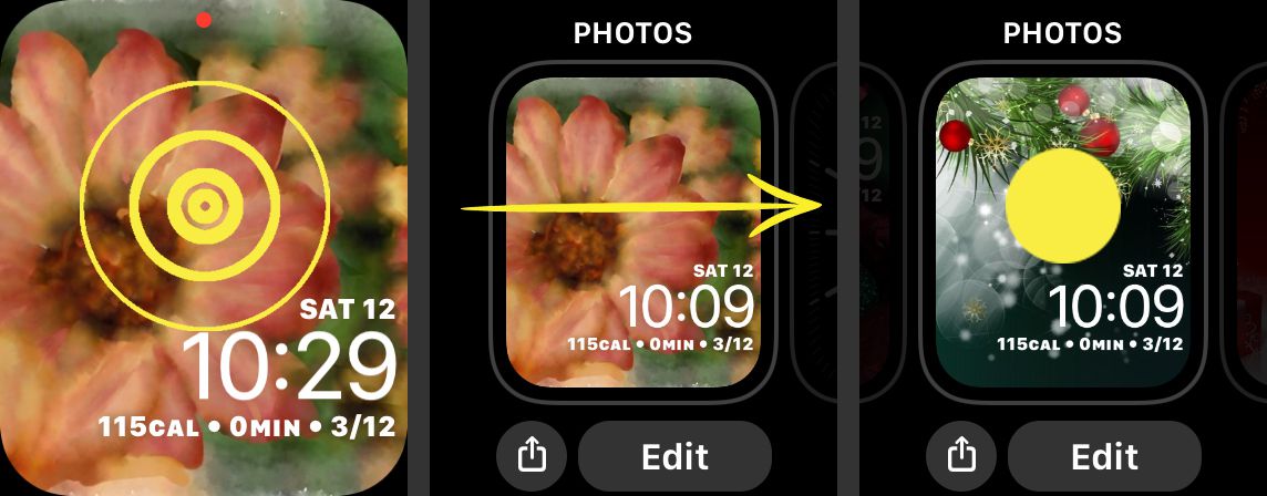 Screenshoty ukazující, jak vybrat novou tvář na Apple Watch.