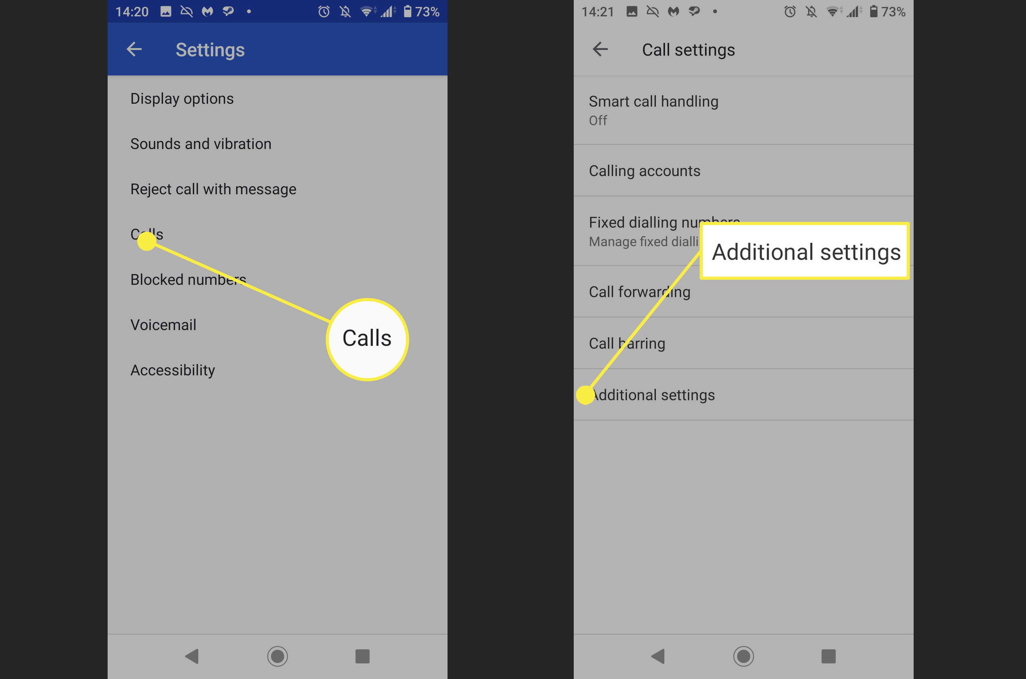 Screenshoty, kde najdete další nastavení v aplikaci Telefon v systému Android.