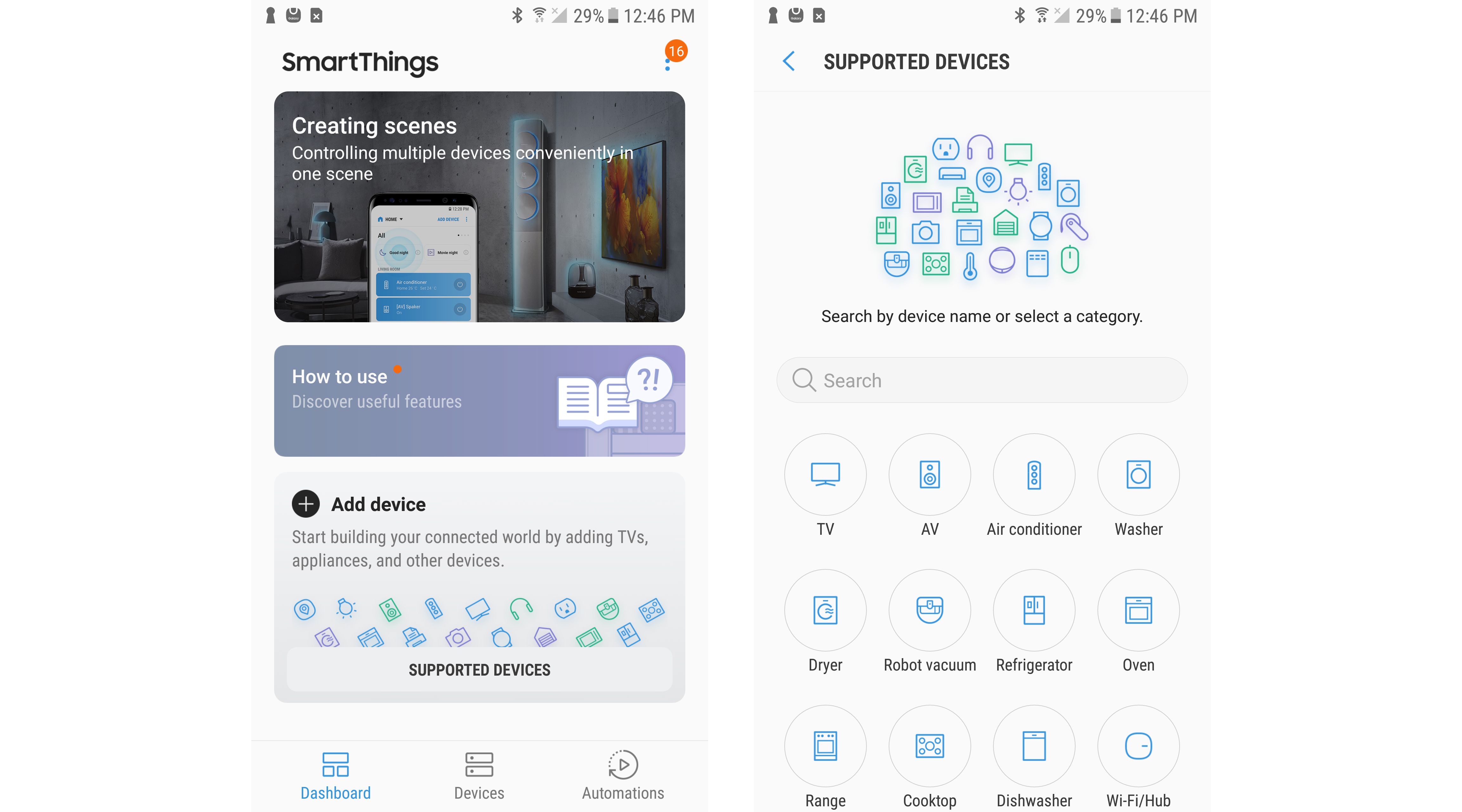 Screenshoty aplikace Samsung SmartThings pro domácí automatizaci