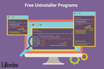 Ilustrace s názvem „Free Uninstaller programs“ zobrazující počítač s několika otevřenými okny.