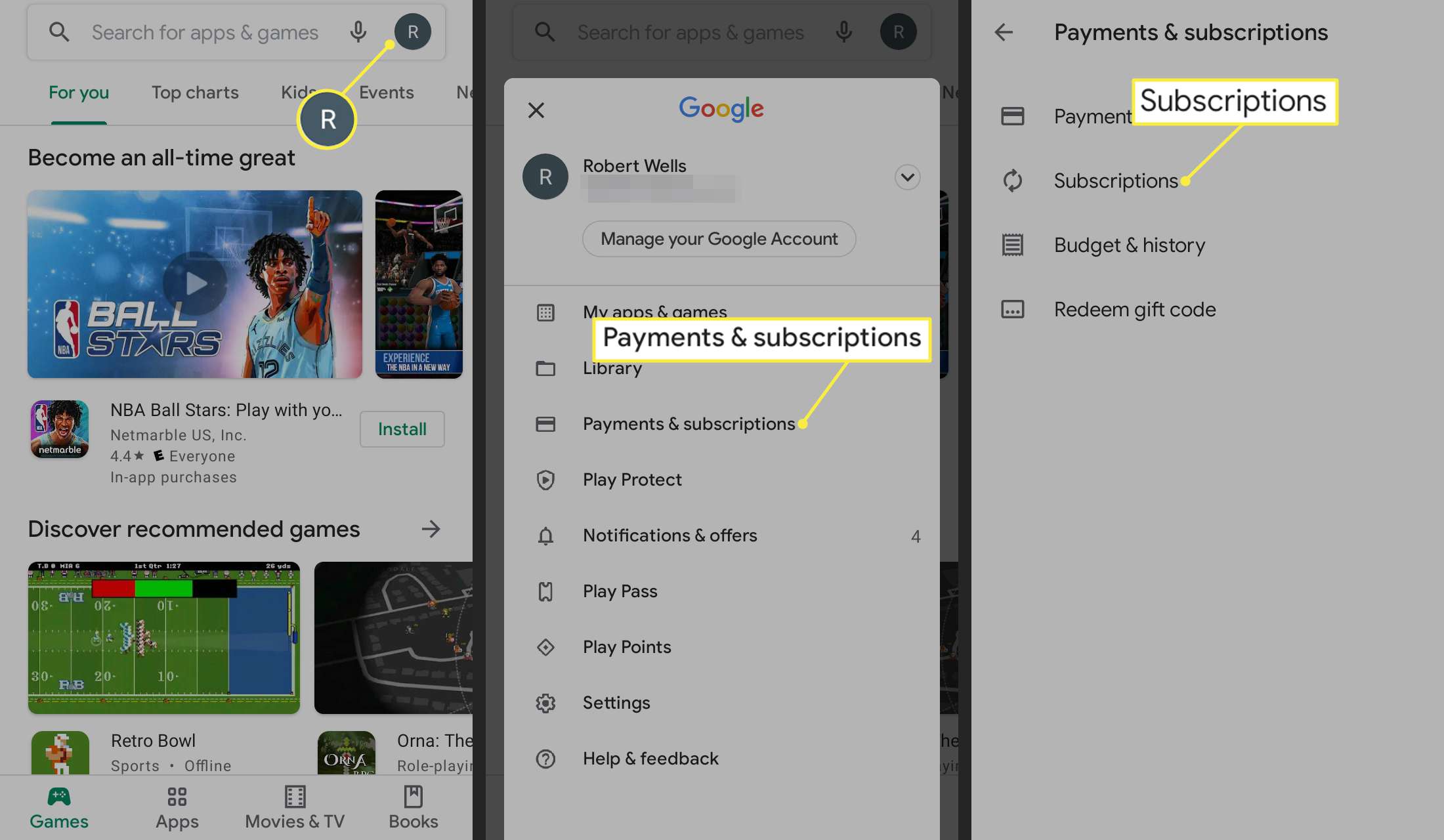 Ikona profilu, platby a předplatné a předplatné na Google Play
