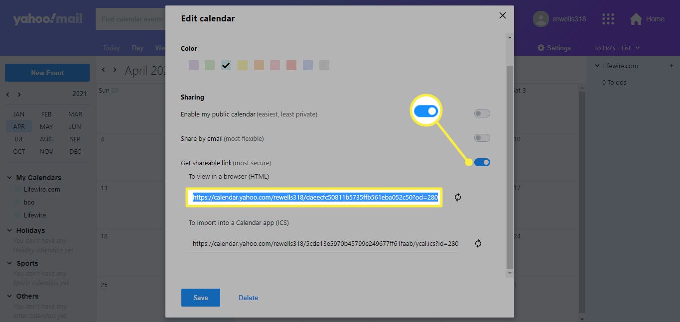Získejte přepínatelný odkaz a URL na obrazovce Upravit kalendář v Yahoo Calendars