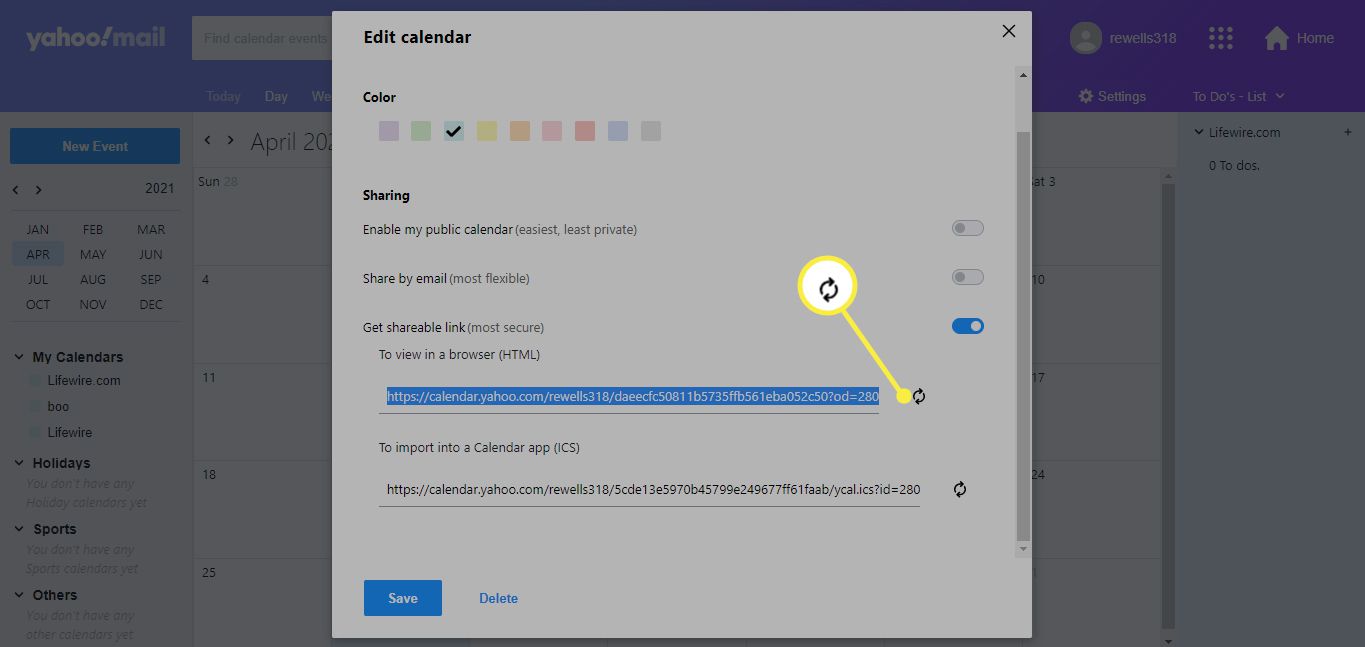 Obnovit ikonu odkazu vedle adres URL v Upravit kalendář v Yahoo Calendars