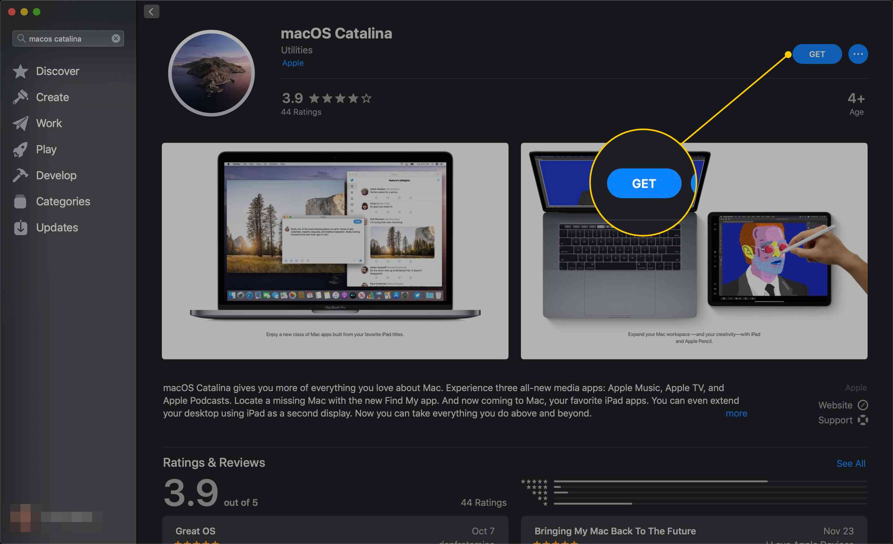 Získejte tlačítko na stránce macOS Catalina v App Store