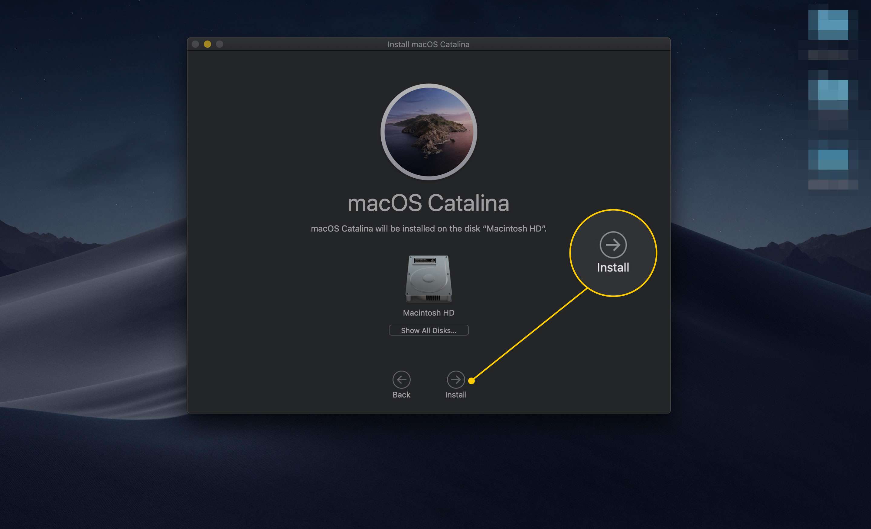 Tlačítko Instalovat v Instalovat aplikaci macOS Catalina