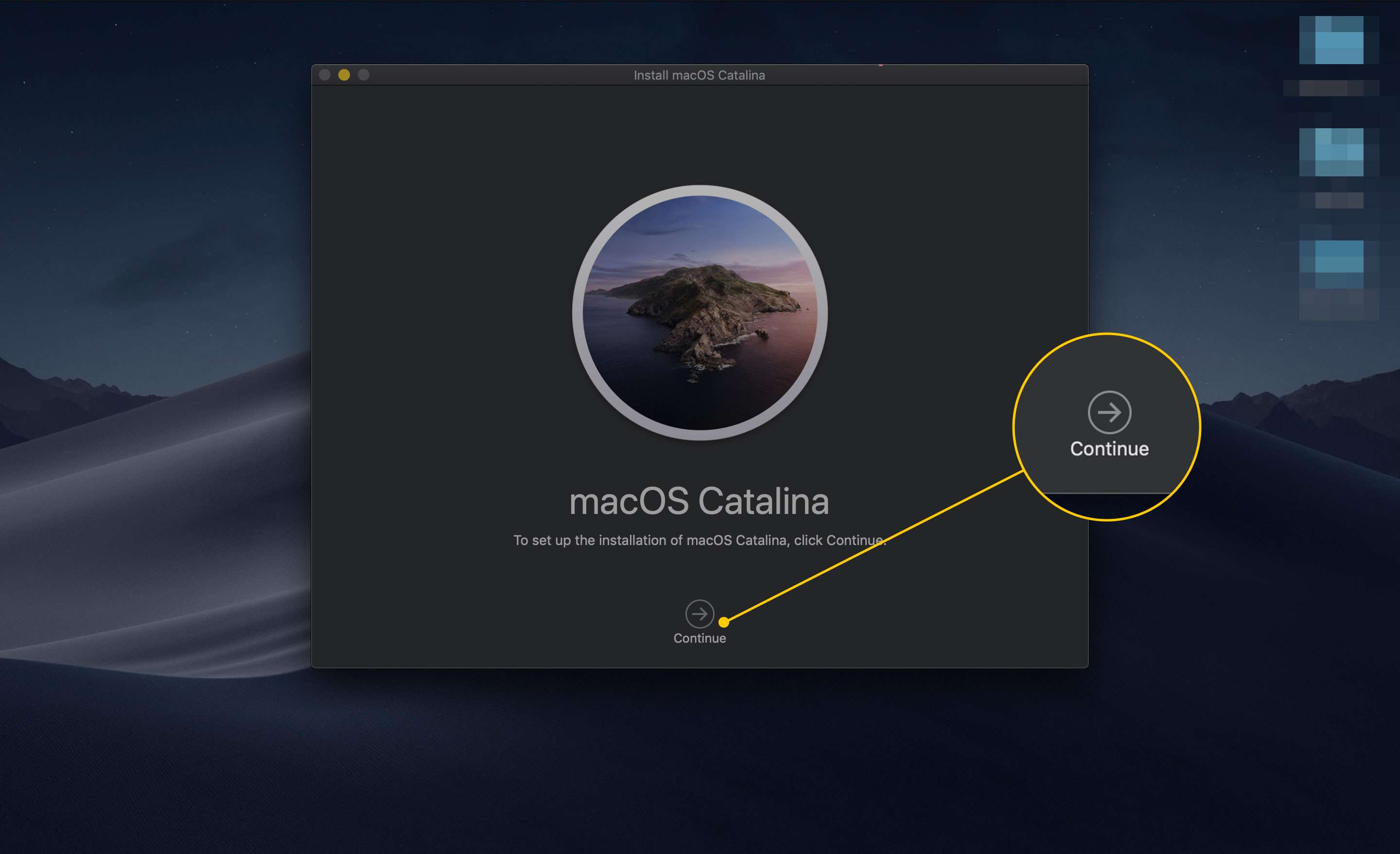 Tlačítko Pokračovat v části Instalace macOS Catalina