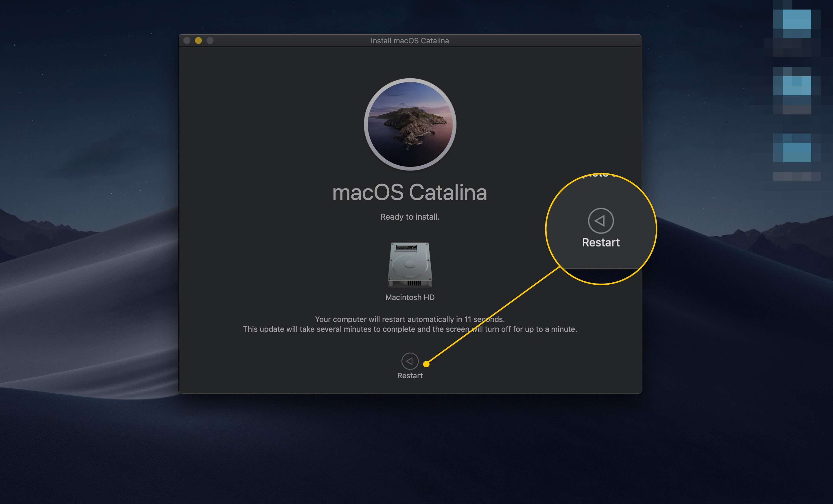 Tlačítko Restart v aplikaci Install macOS Catalina