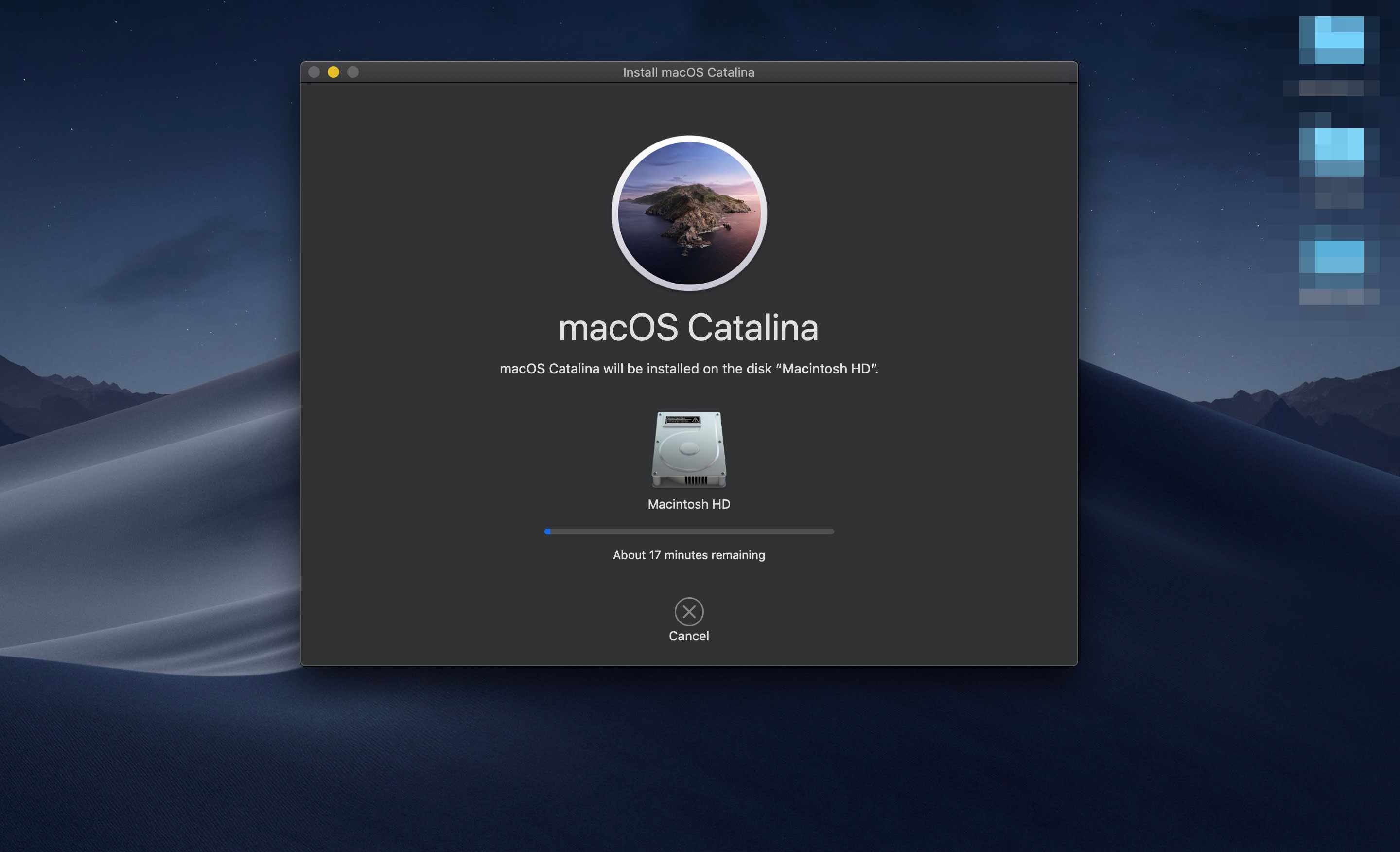 Instalace aplikace macOS Catalina provádějící upgrade