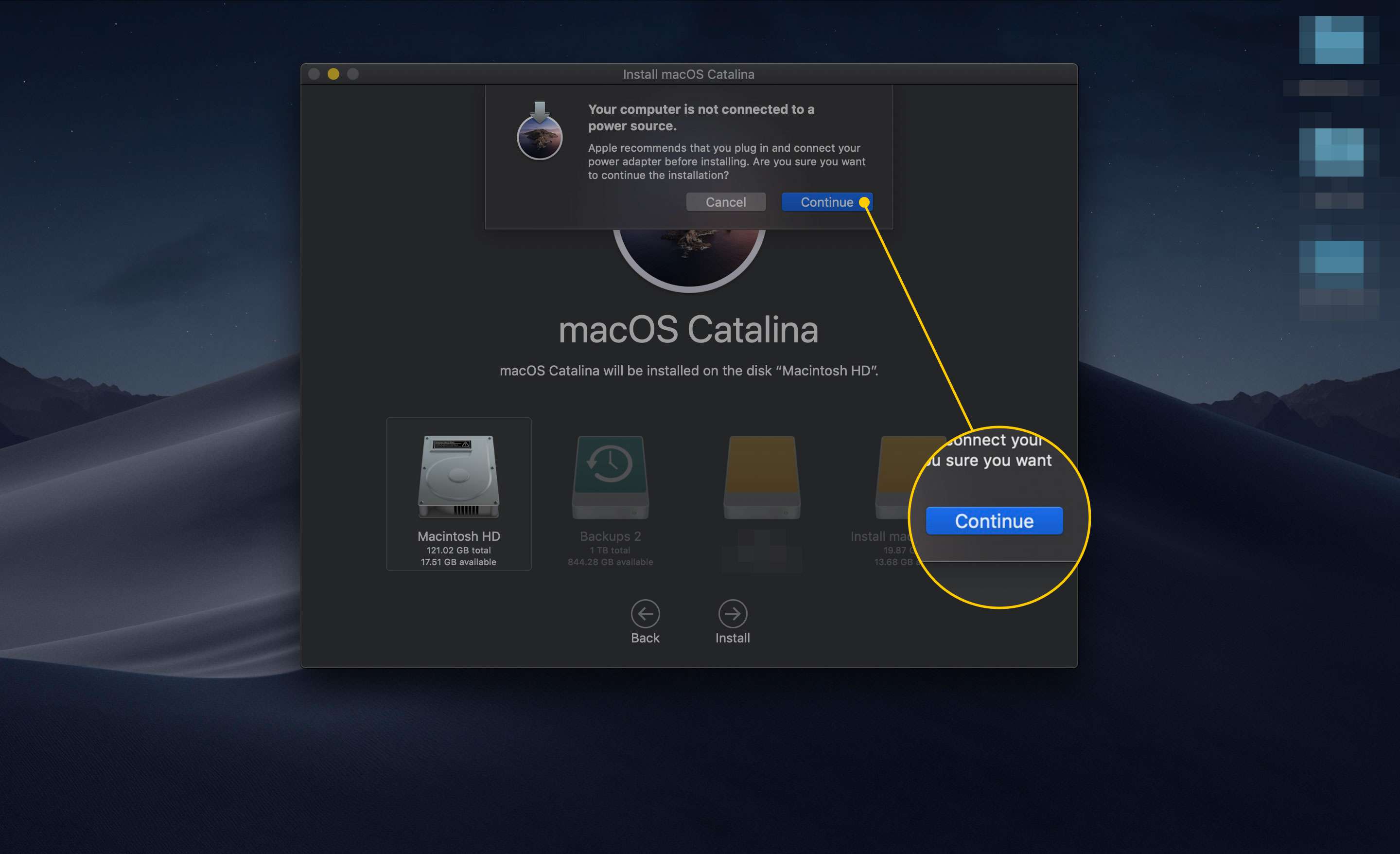 Tlačítko Pokračovat v části Instalace macOS Catalina