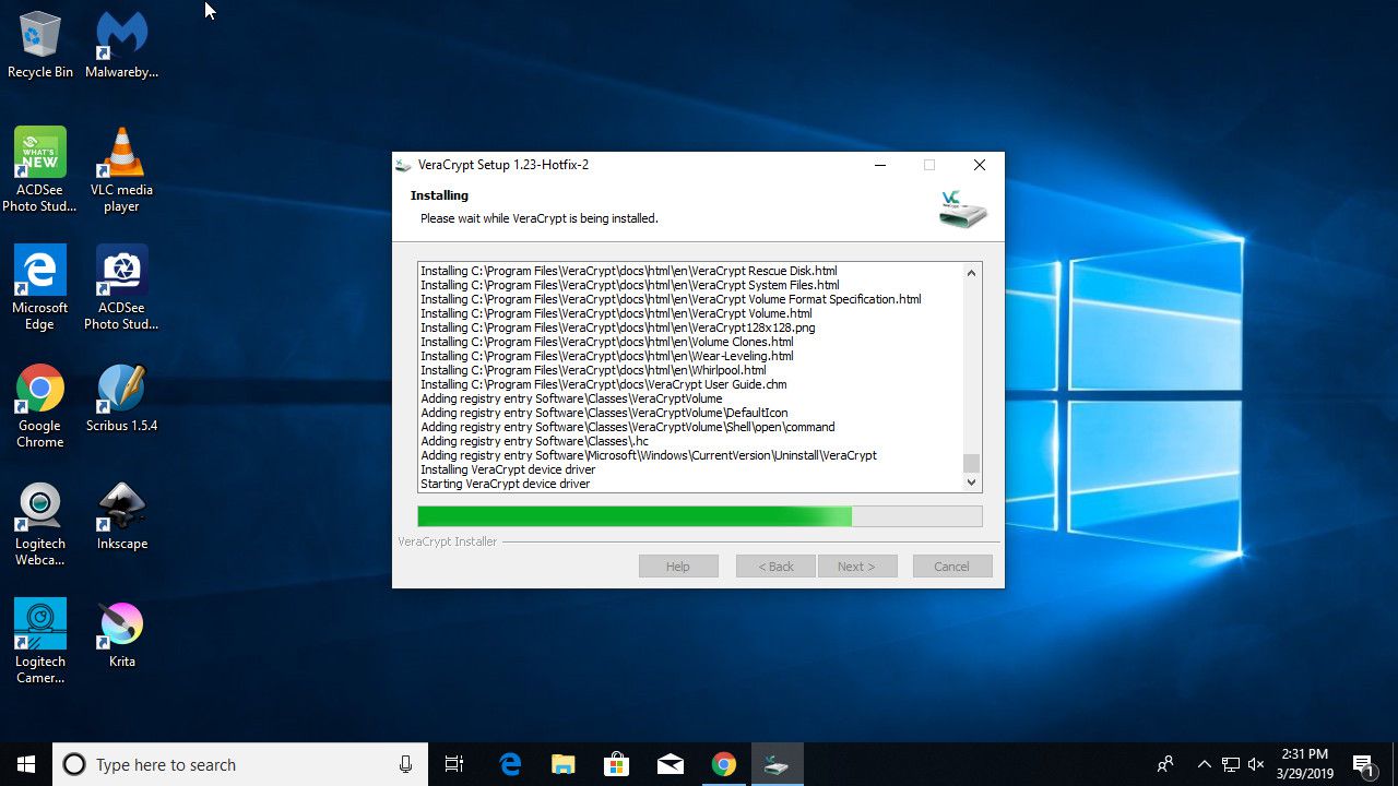 Instalační program VeraCrypt běžící na Windows 10