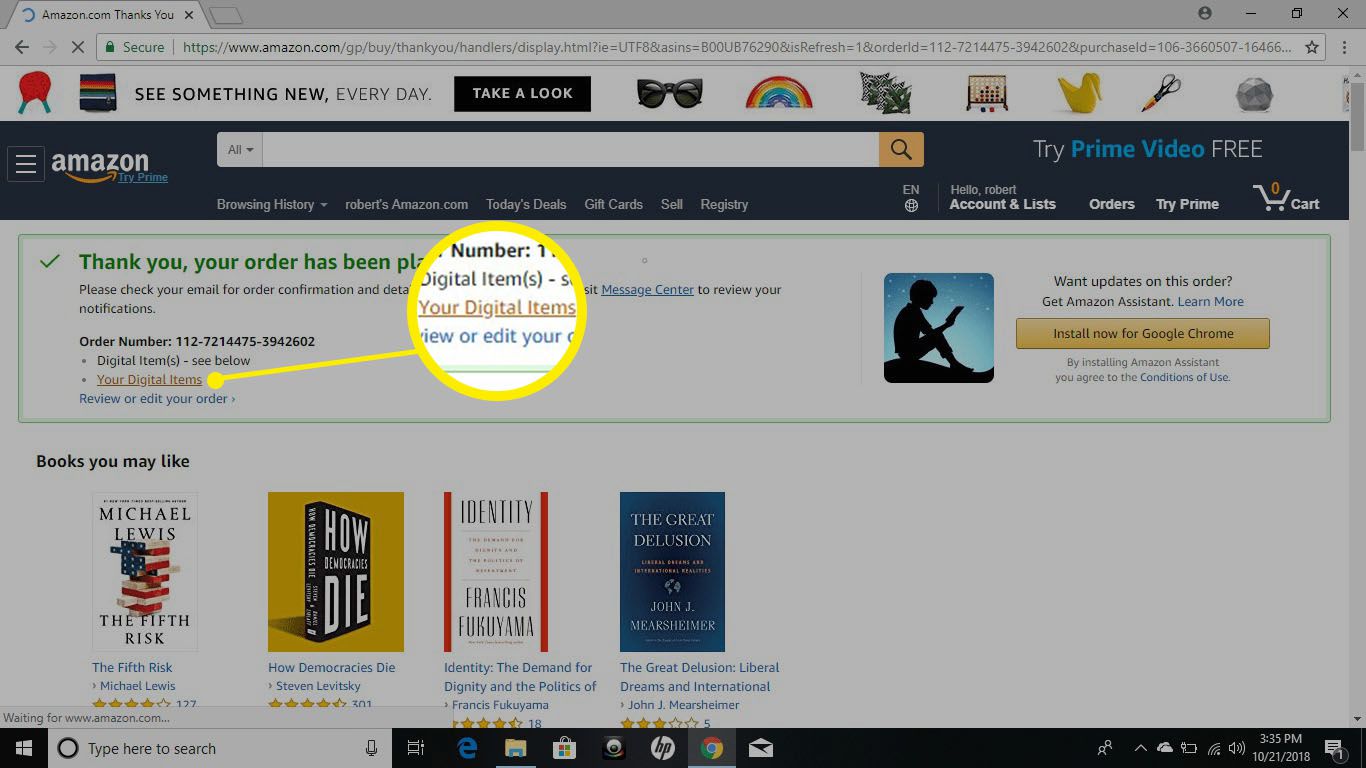 Stránka potvrzení objednávky Amazon pro Kindle pro PC