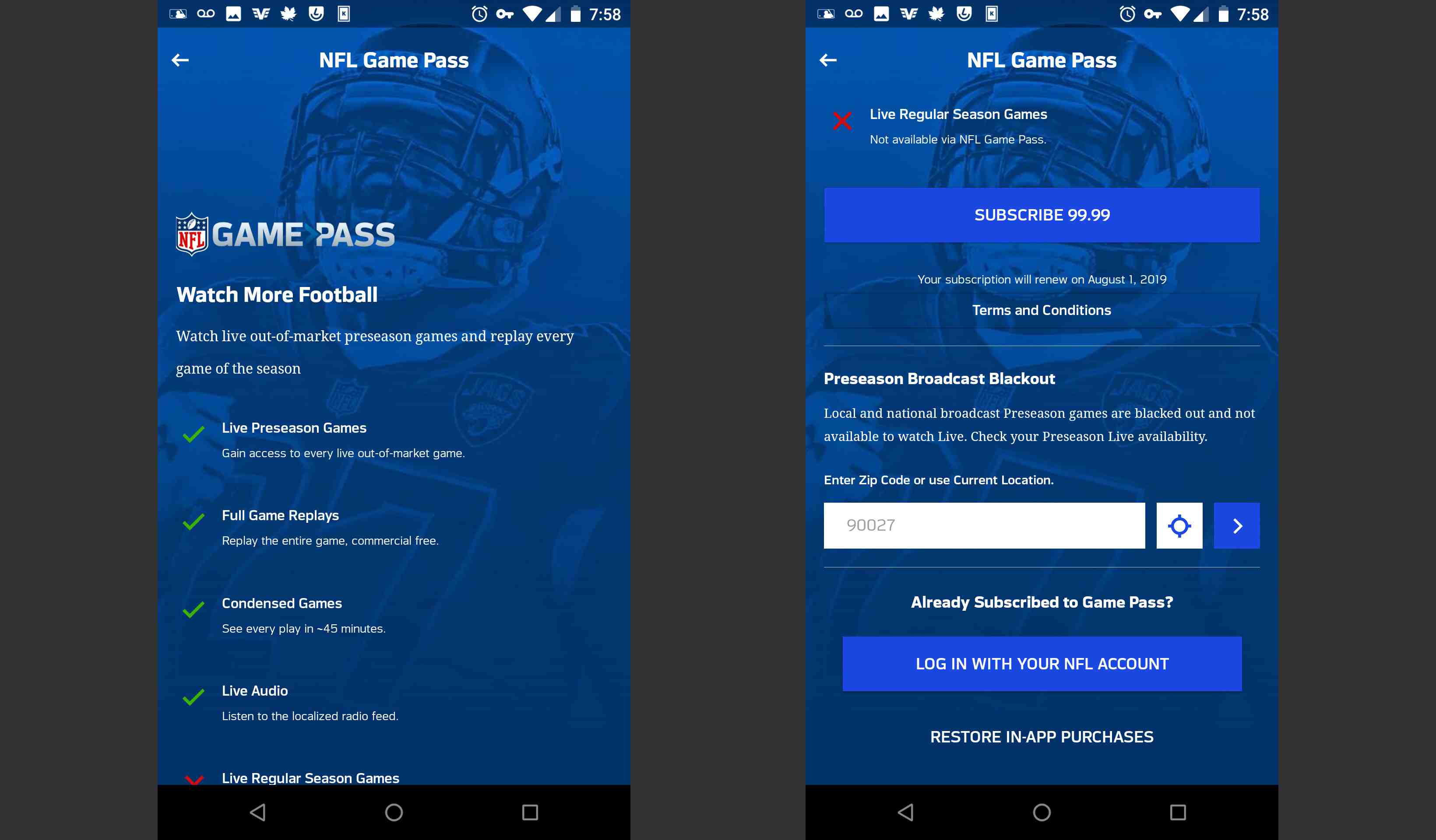 NFL Game Pass na stránce mobilní aplikace