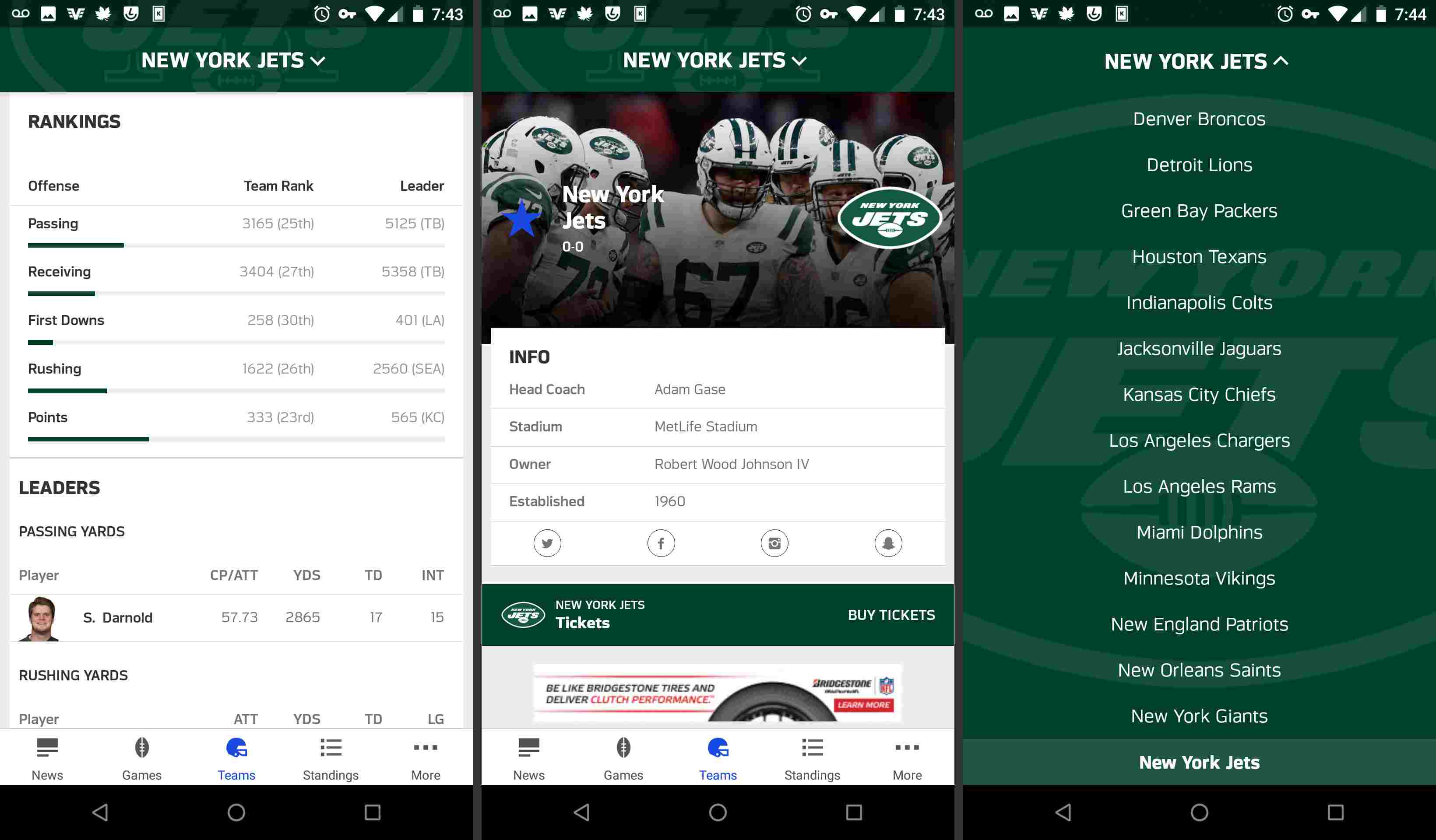 Stránky týmů pro mobilní aplikace NFL