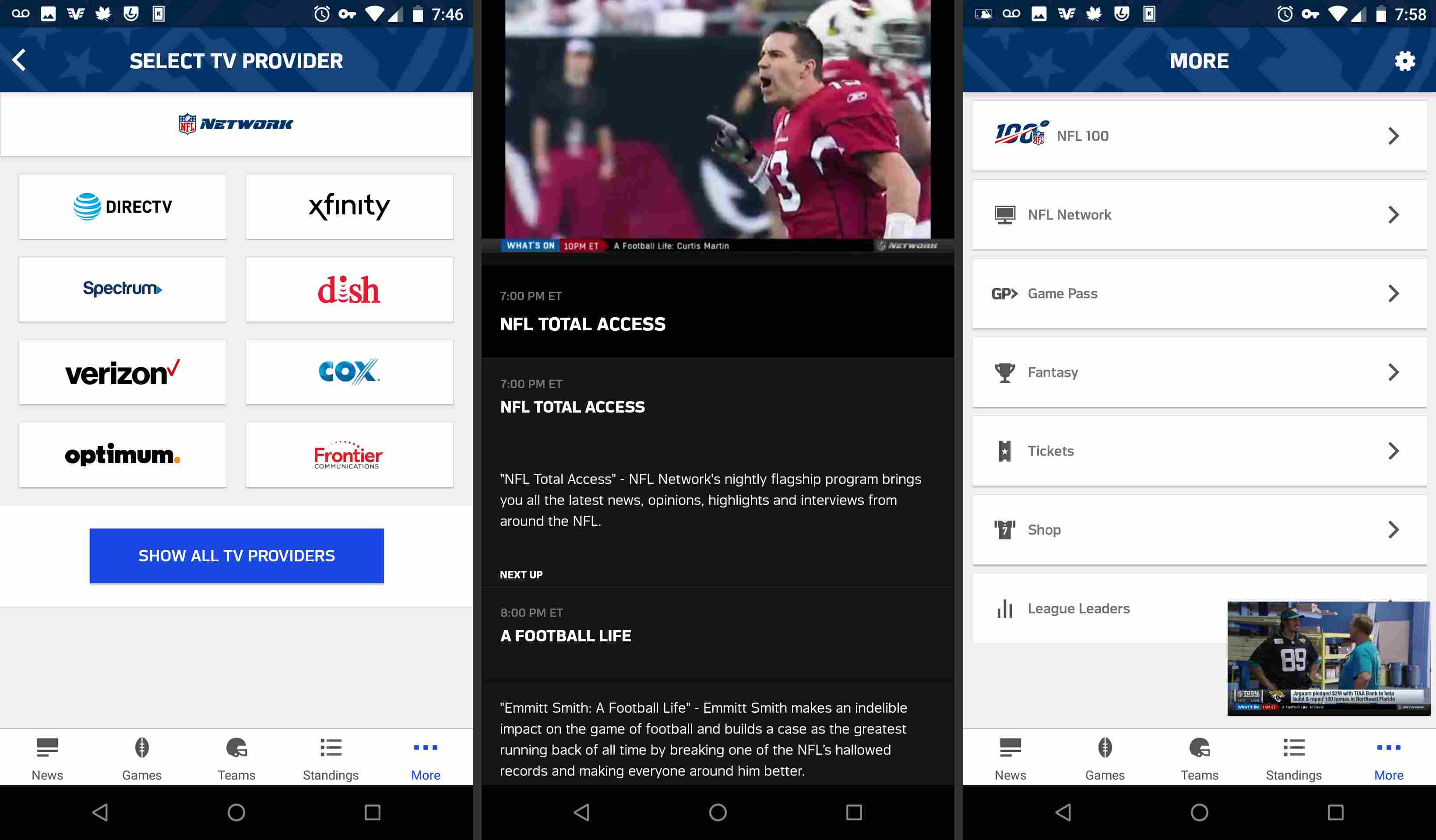 Mobilní aplikace NFL NFL Network streaming stránky
