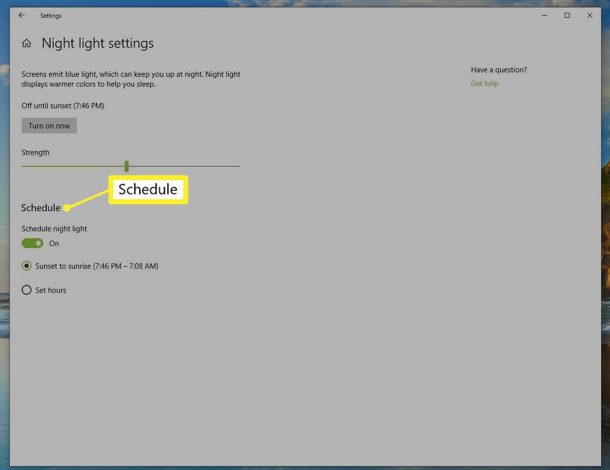 Nastavení nočního osvětlení ve Windows 10