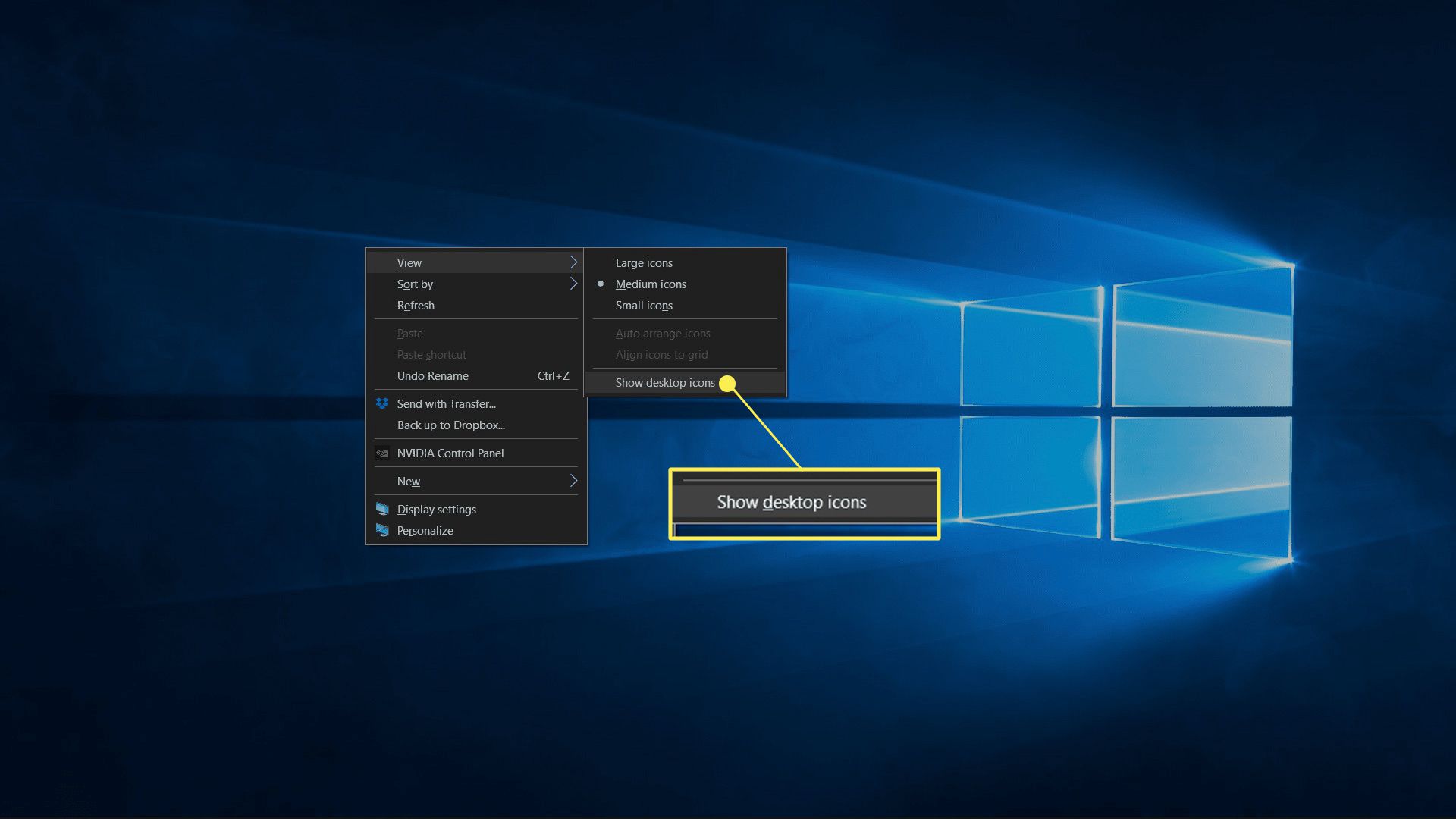 Ikony na ploše skryté v systému Windows 10 se zvýrazněnou možností Zobrazit položky na ploše