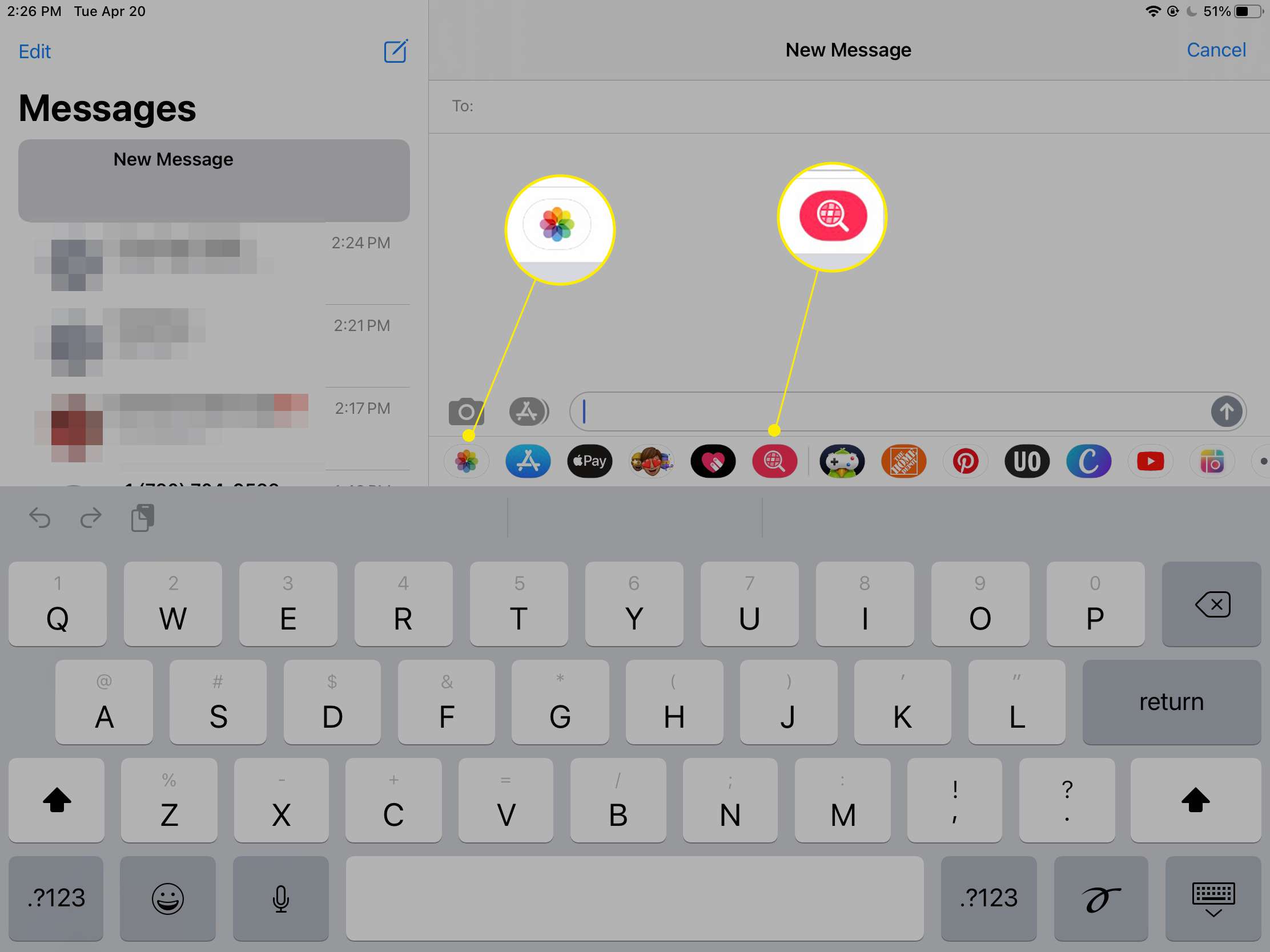 iPad iMessage se zvýrazněnými ikonami Fotografie a obrázky