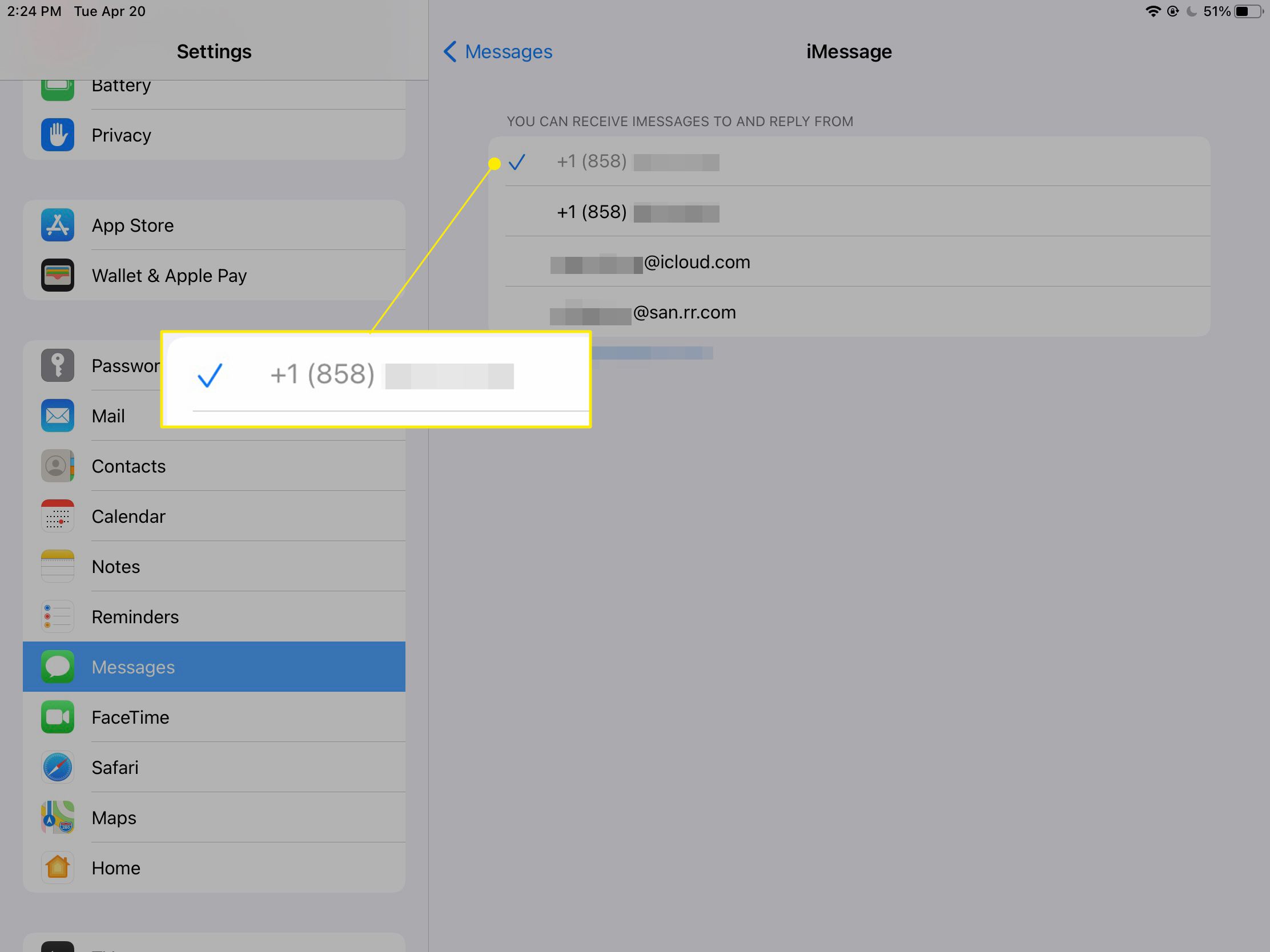 Nastavení aplikace iMessage se zvýrazněným vybraným telefonním číslem