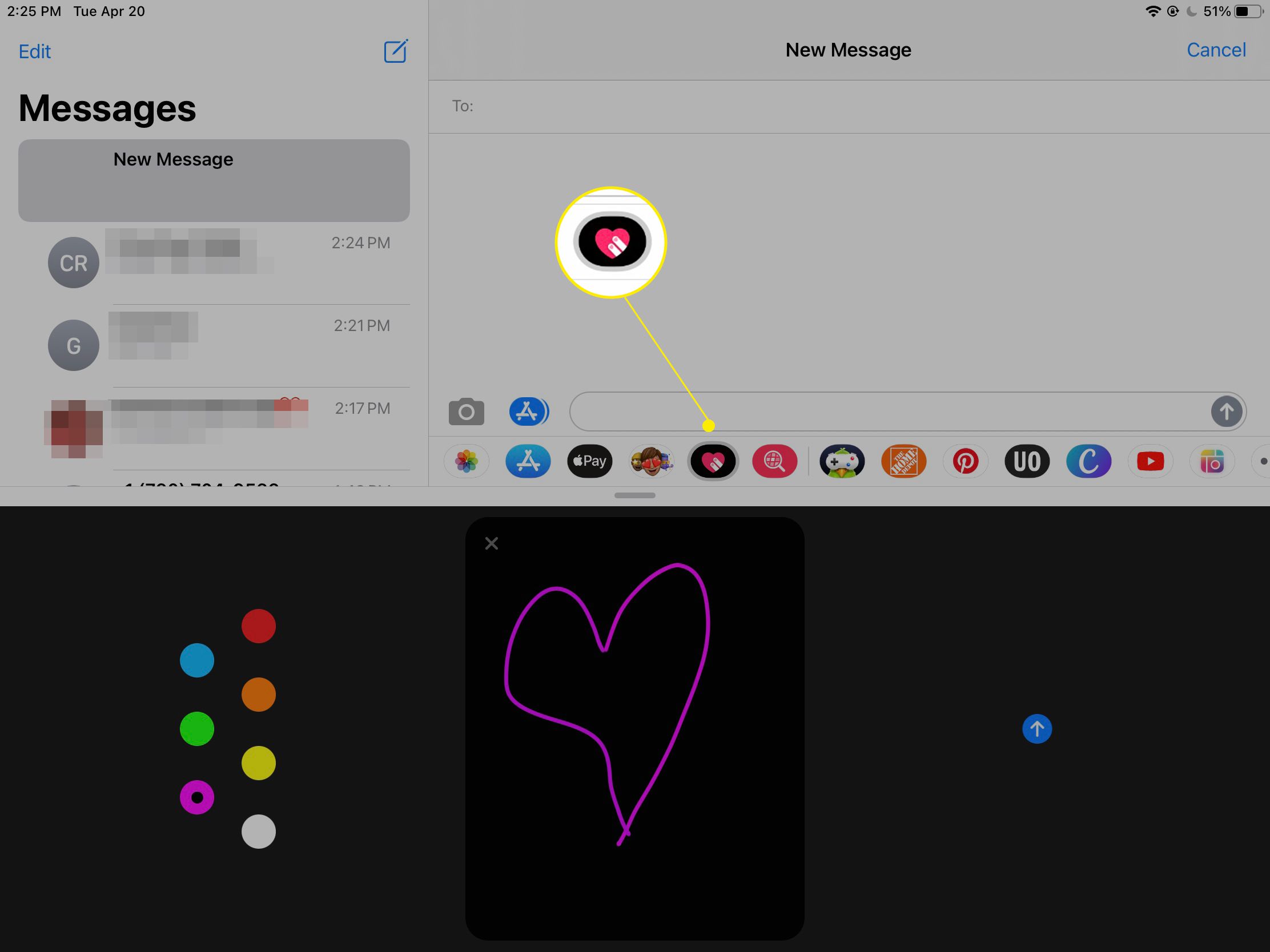 Ikona kreslení srdce zvýrazněná v novém okně Zprávy na iPadu