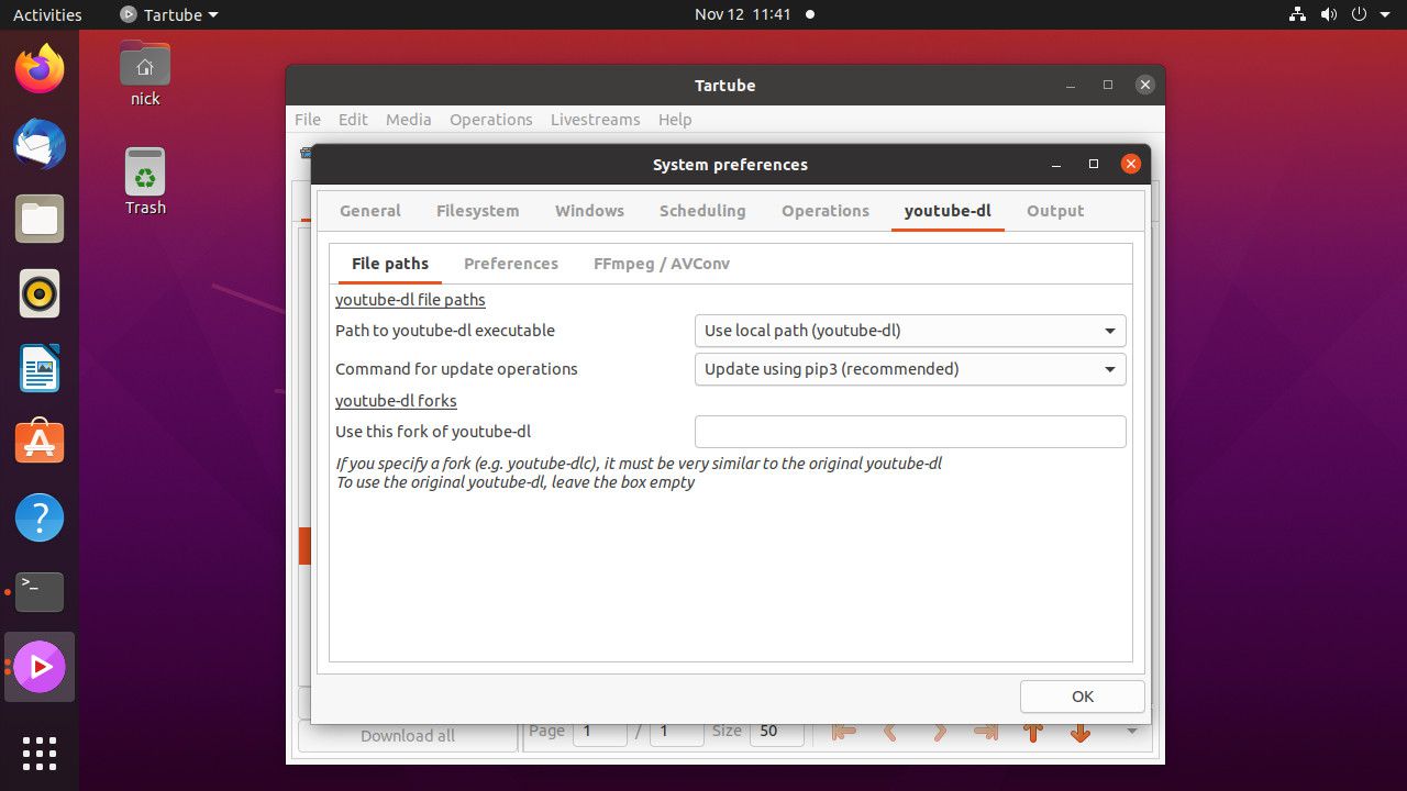 Ubuntu Tartube nastavil cestu youtube-dl