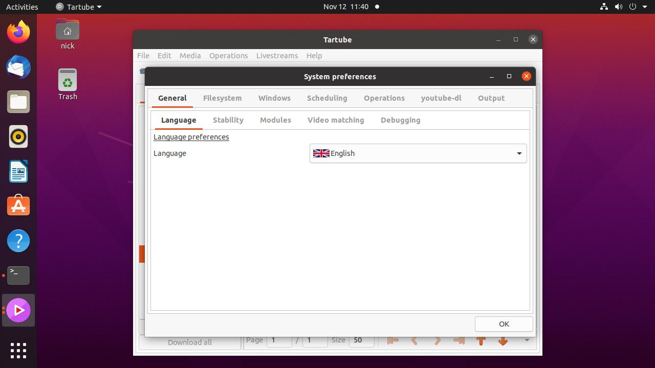 Okno předvoleb Ubuntu Tartube
