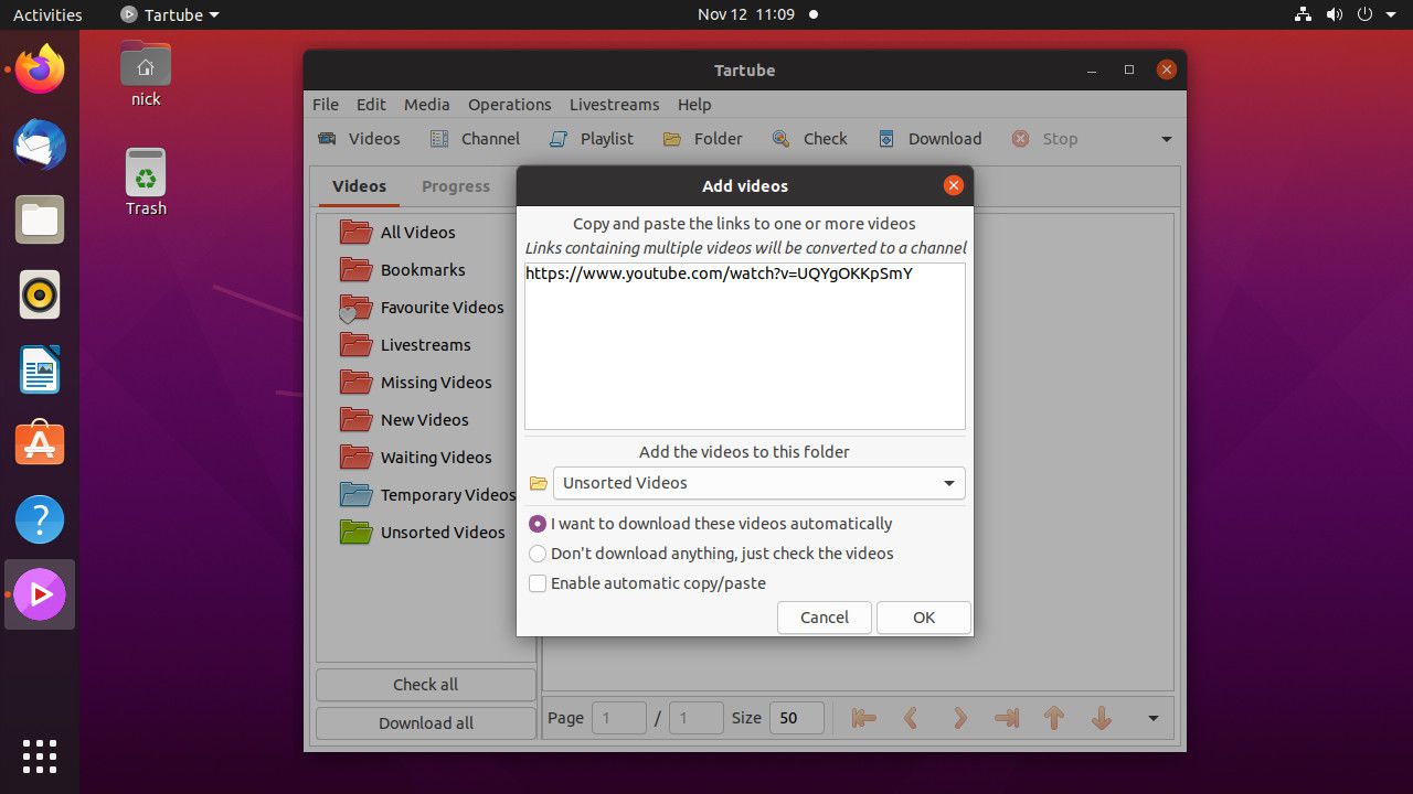 Ubuntu Tartube přidává adresy URL