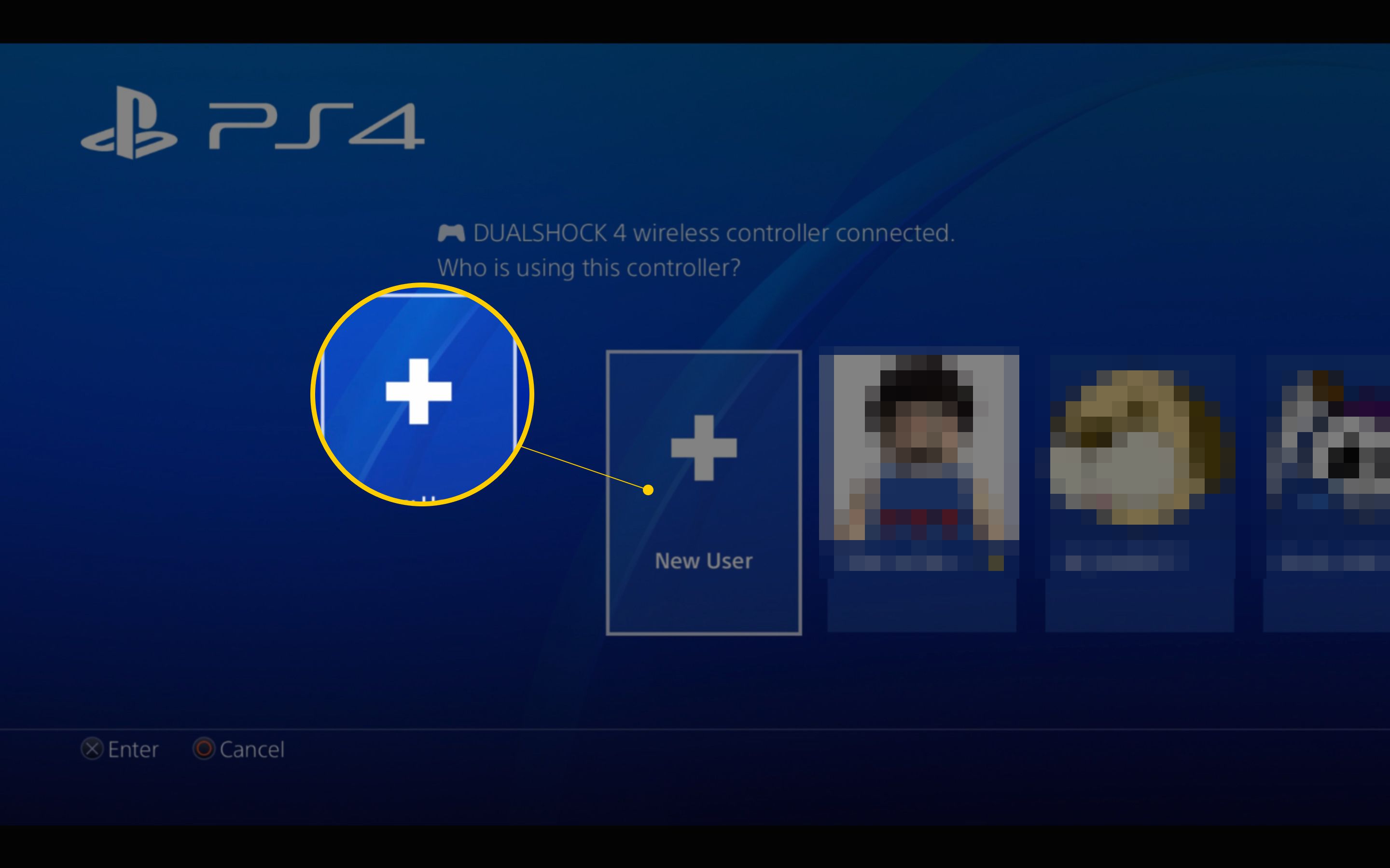 Tlačítko Nový uživatel na obrazovce PS4