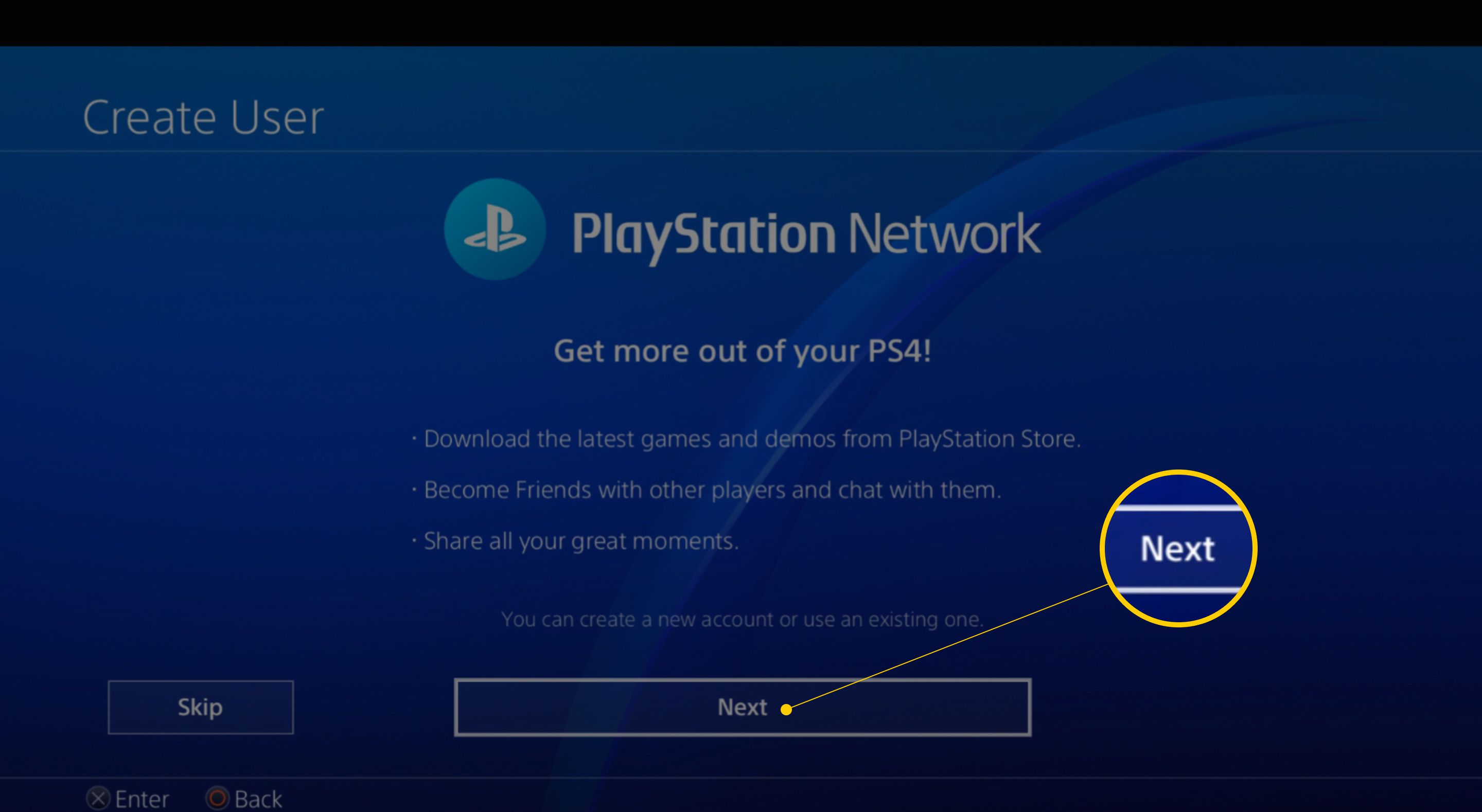 Tlačítko Další na obrazovce PlayStation Network na PS4