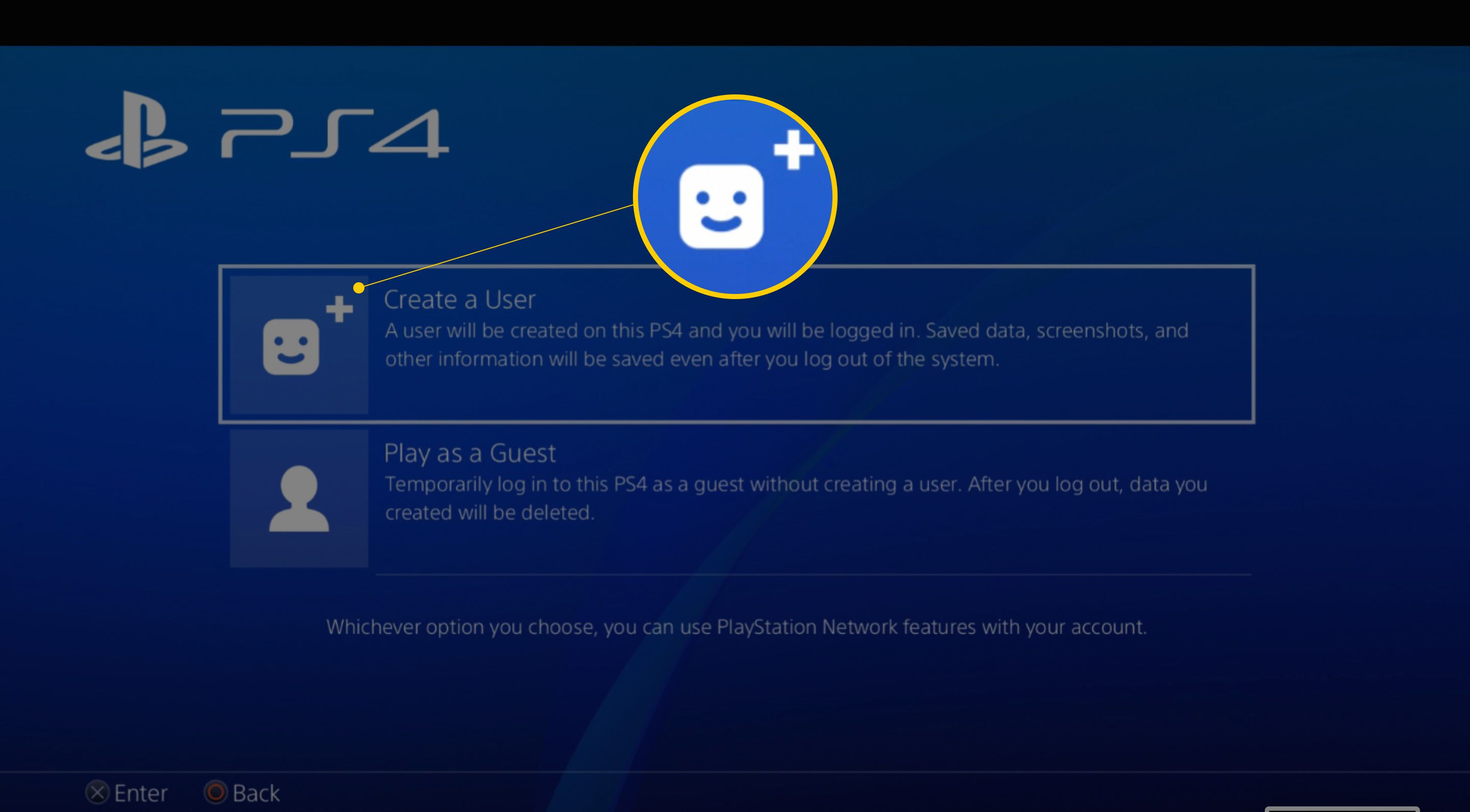 Tlačítko Vytvořit uživatele na systému PS4 vytvoří obrazovku uživatele