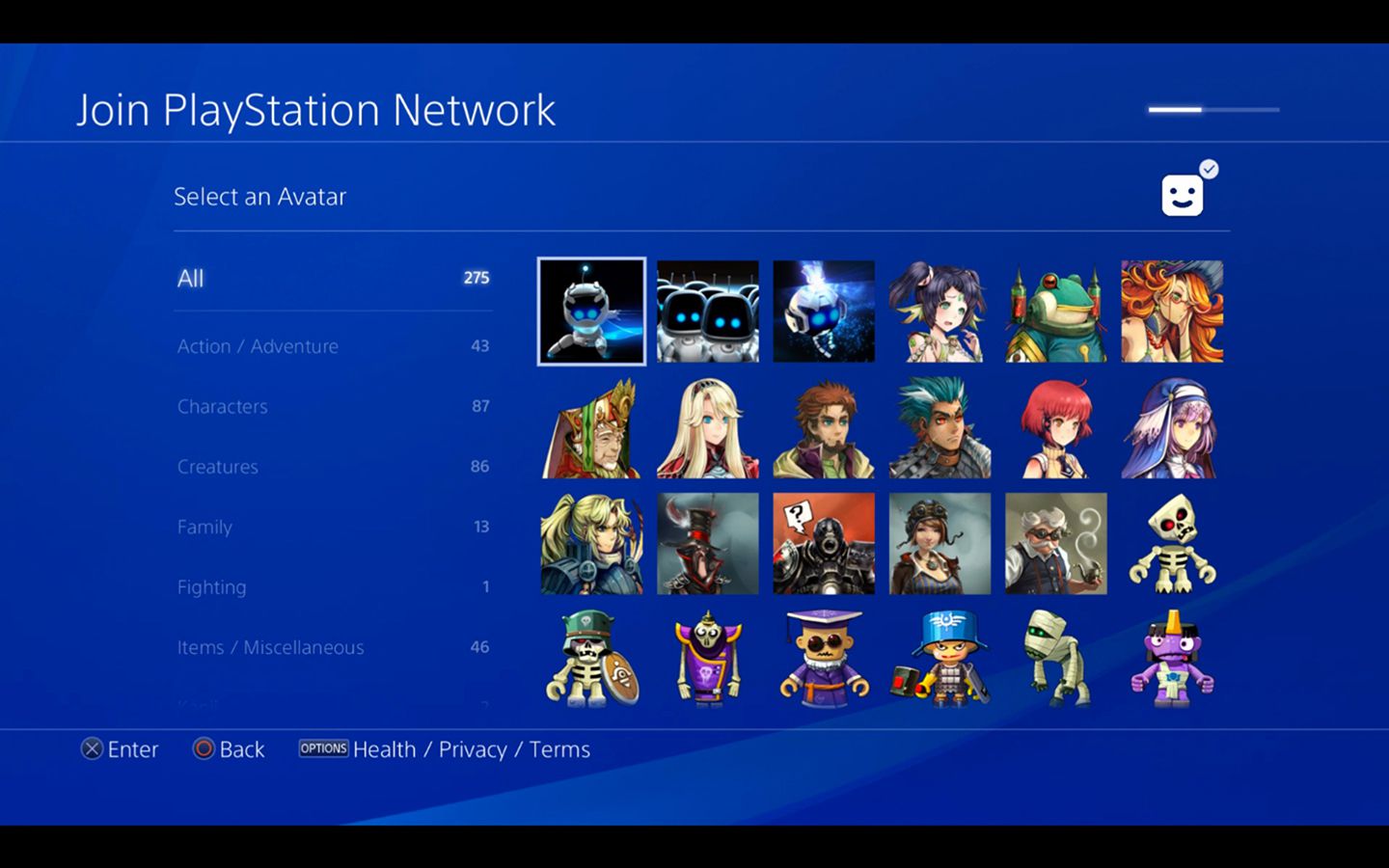 Stránka pro výběr avatara pro připojení k síti PlayStation Network na PS4